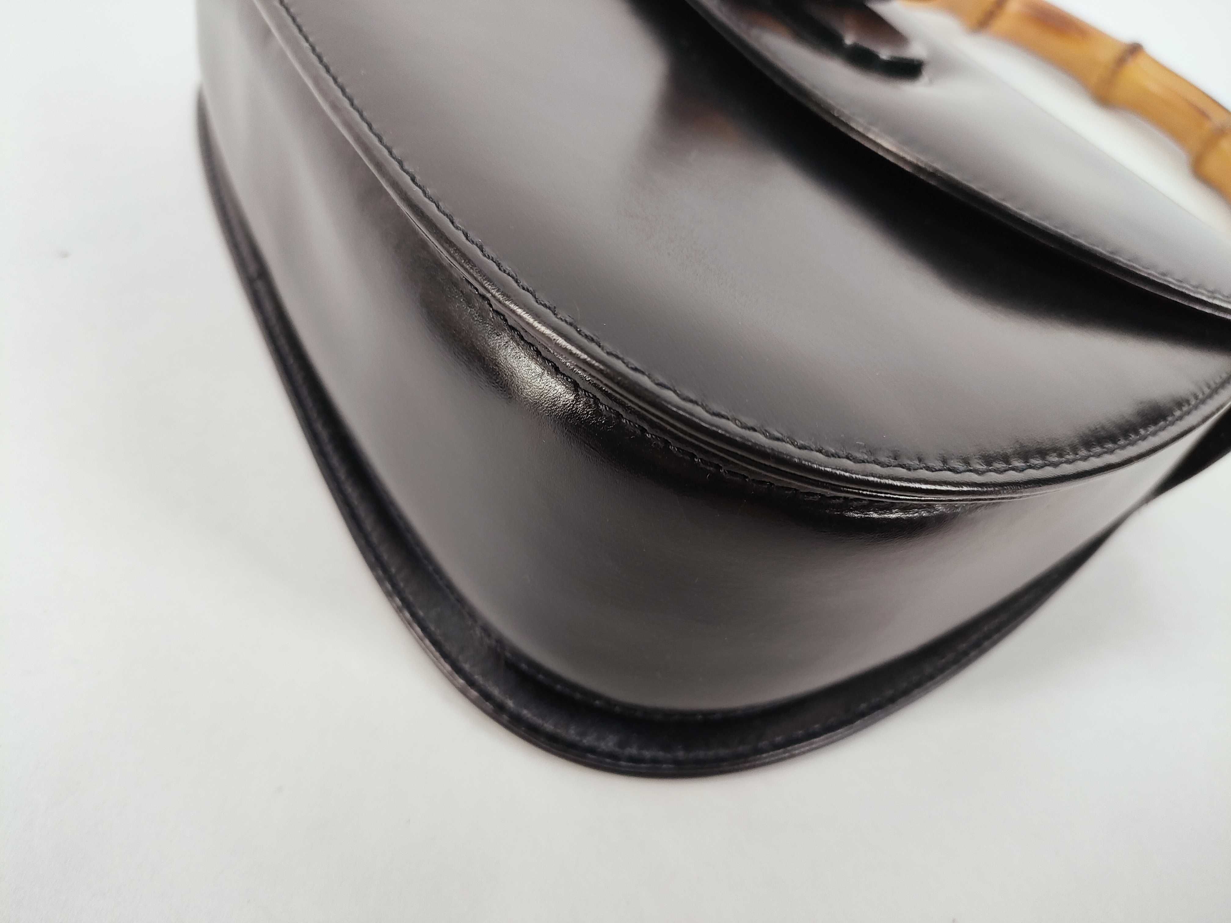 Bamboo Handle 2-Way Leather Handbag, Black — view 6