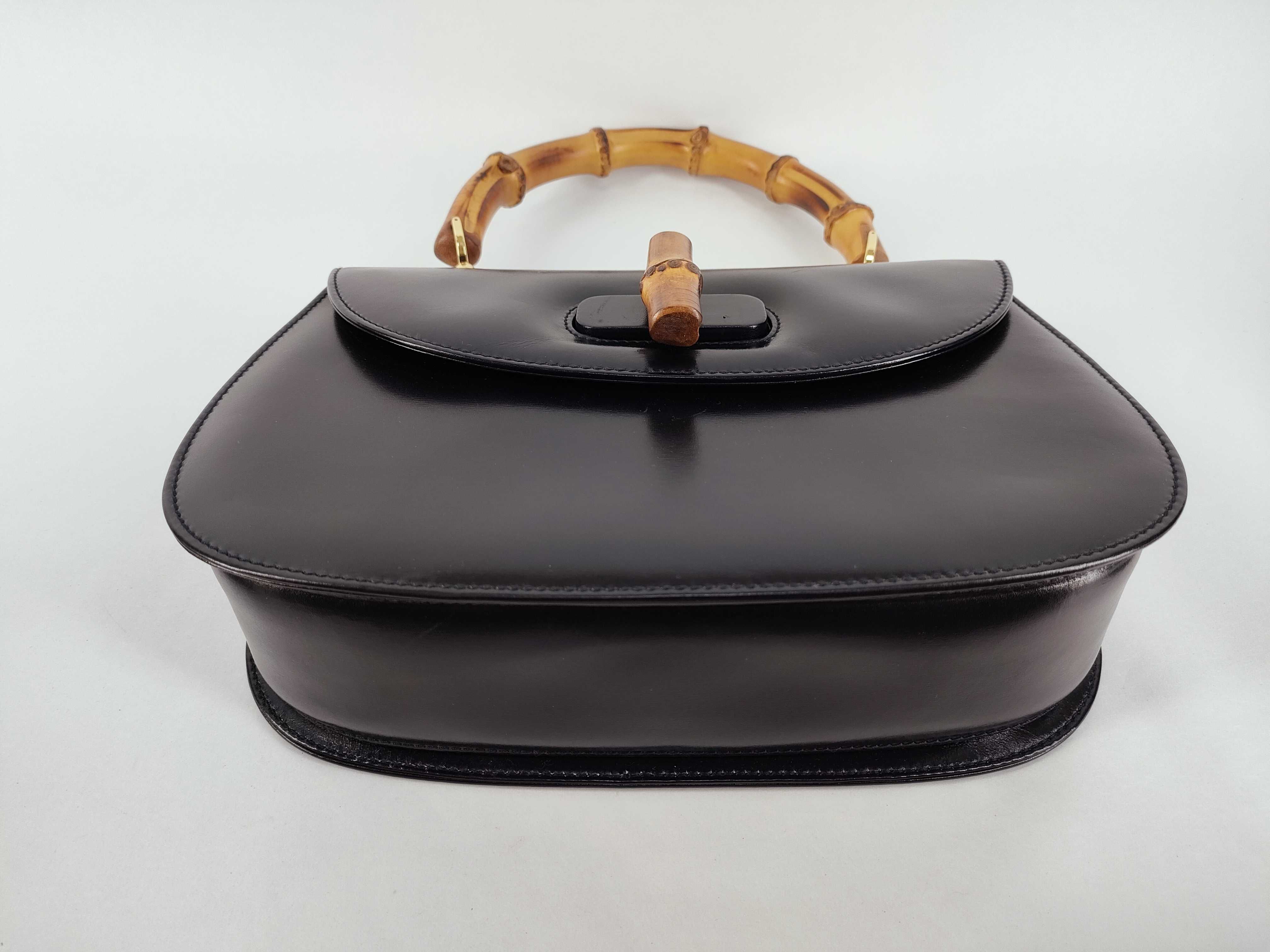 Bamboo Handle 2-Way Leather Handbag, Black — view 7