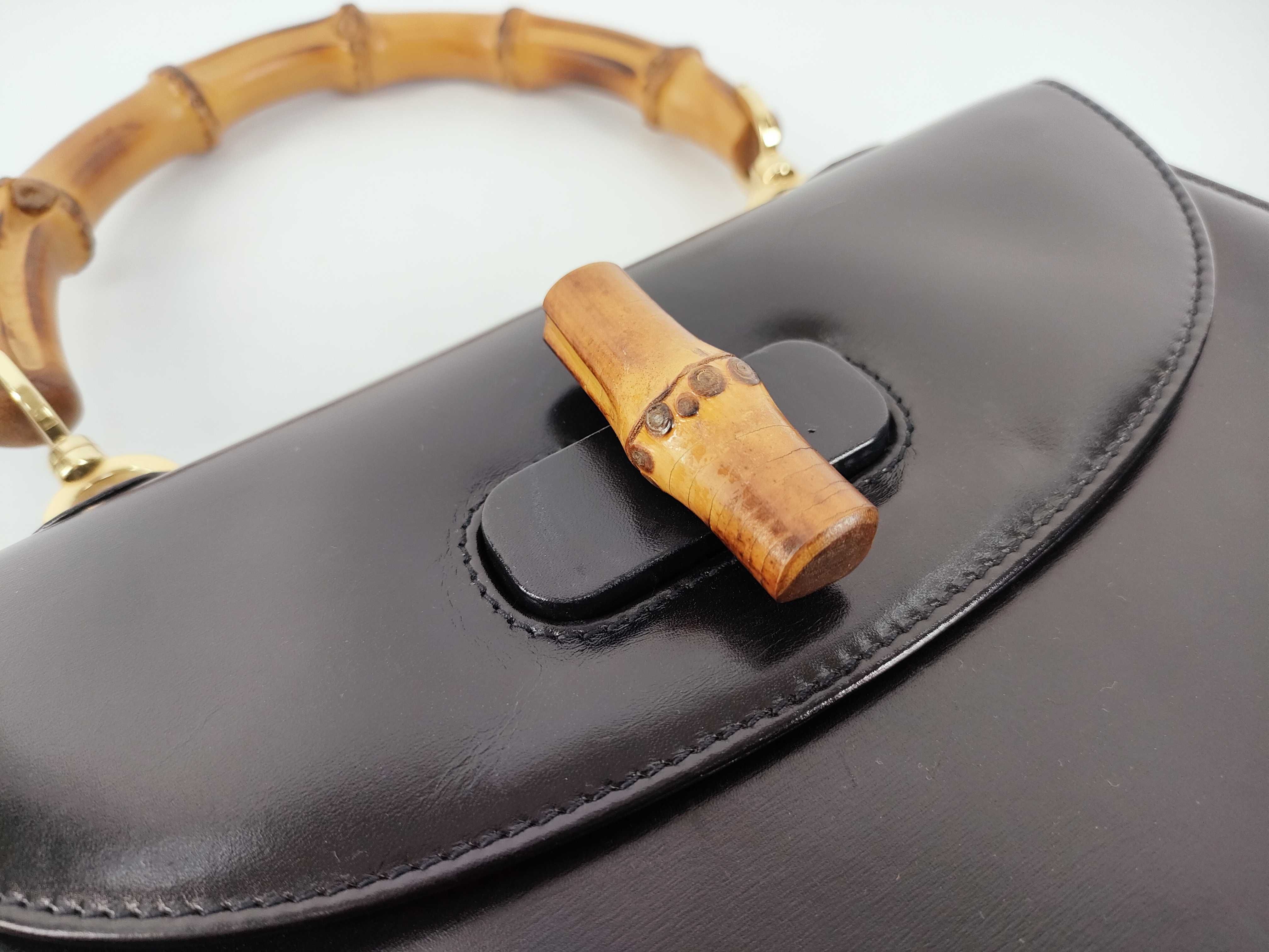 Bamboo Handle 2-Way Leather Handbag, Black — view 8