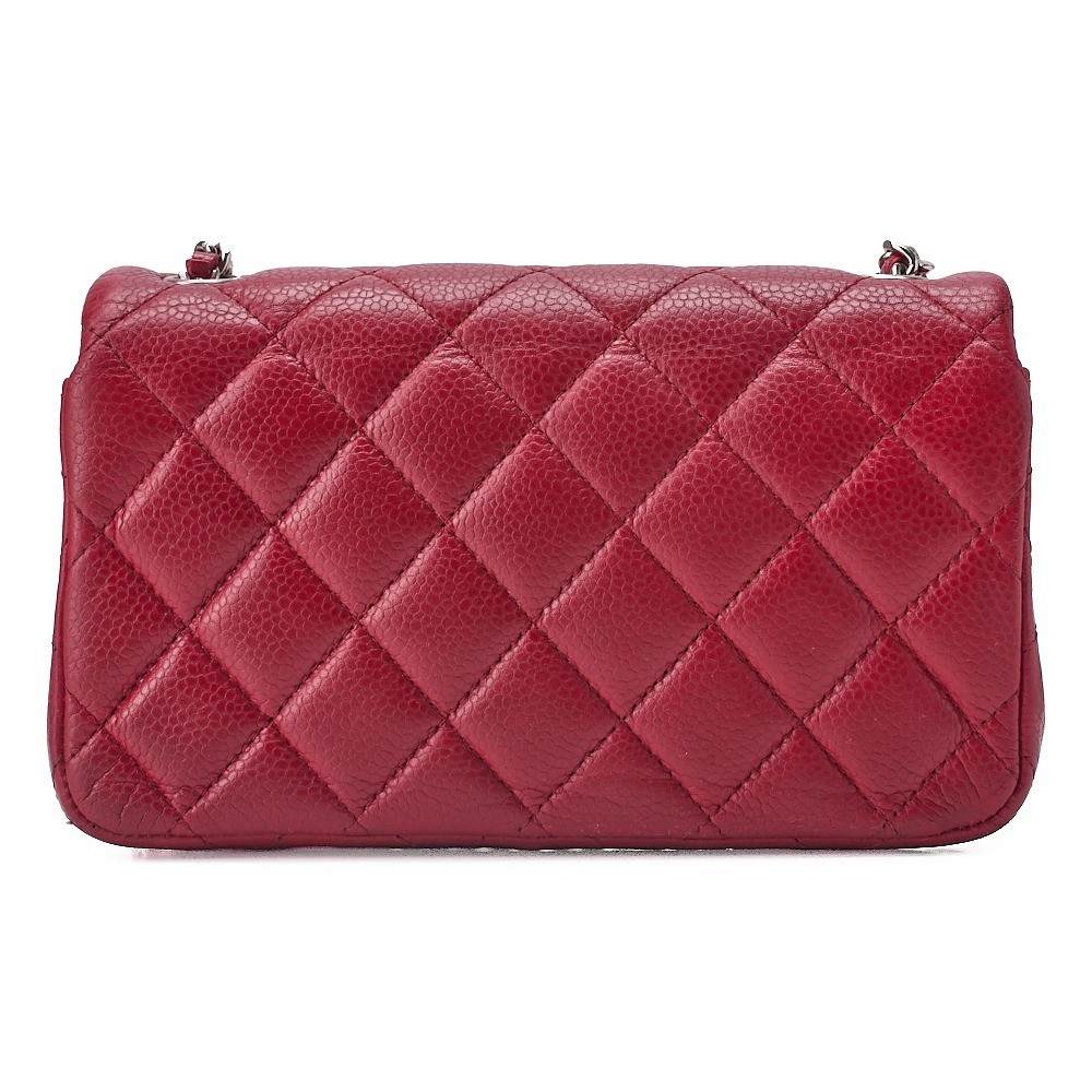 Caviar leather mini matelassé single flap chain shoulder bag, red — view 2