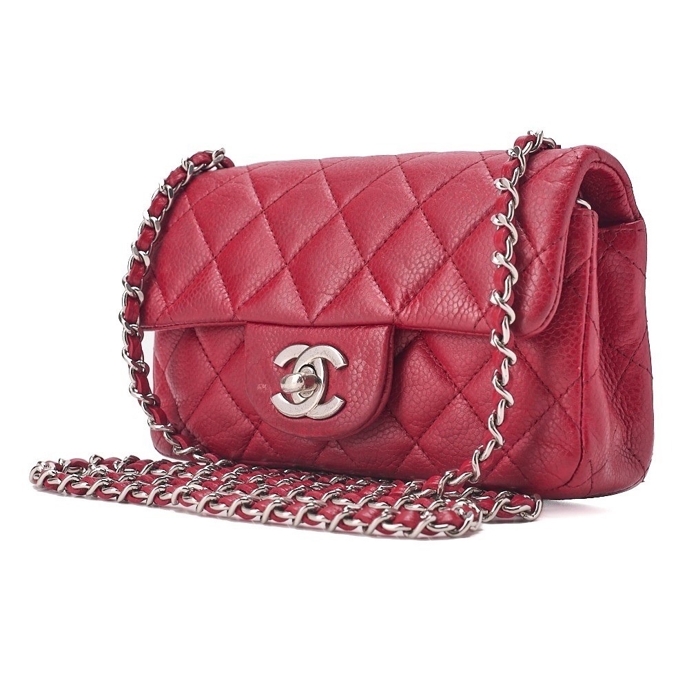 Caviar leather mini matelassé single flap chain shoulder bag, red — view 3