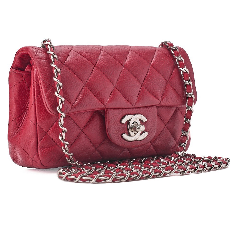 Caviar leather mini matelassé single flap chain shoulder bag, red — view 4