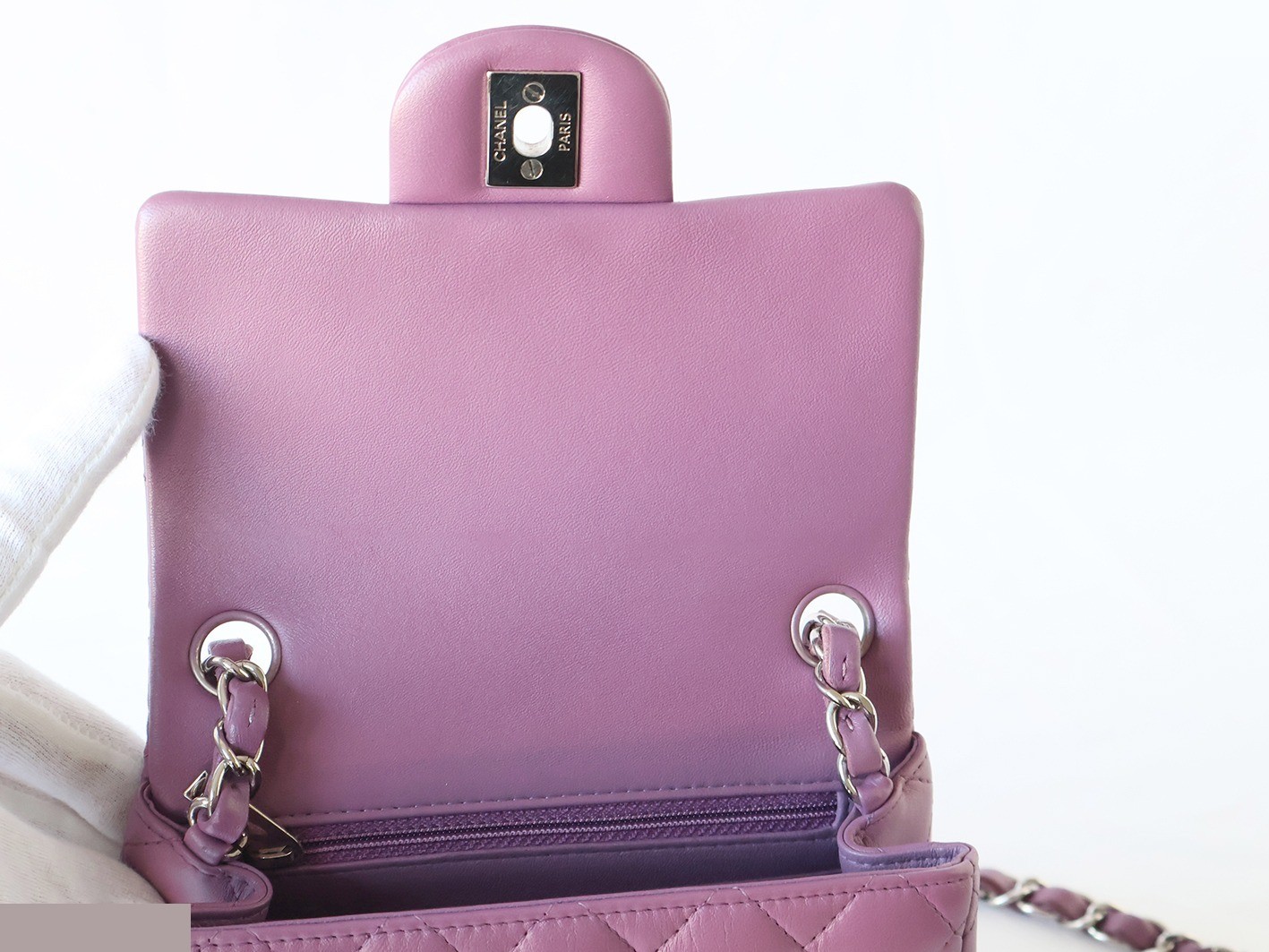 Mini Matelassé 17 Lambskin Chain Shoulder Bag, Purple — view 10