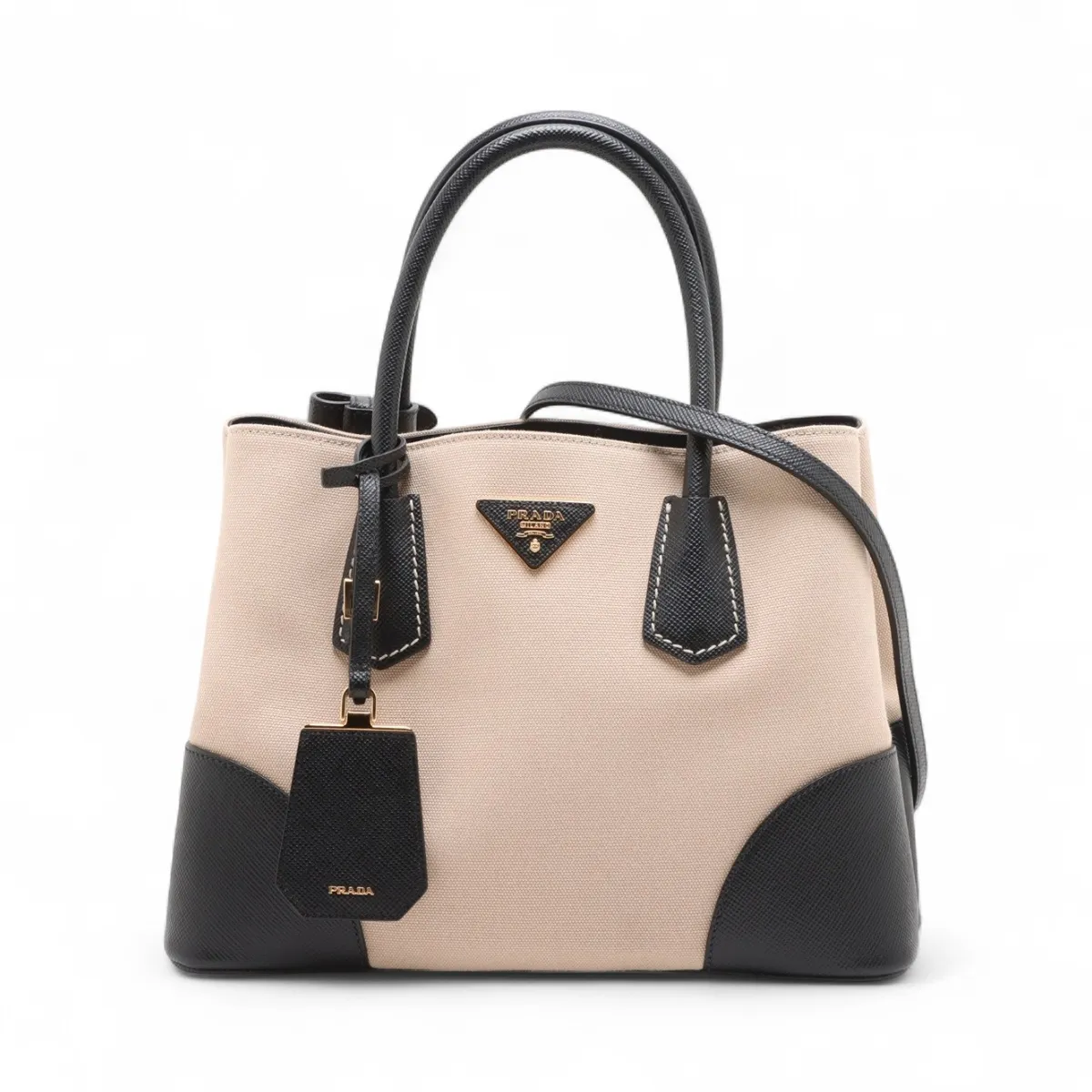 Canvas x Leather 2-Way Handbag, Beige x Black, BN2887