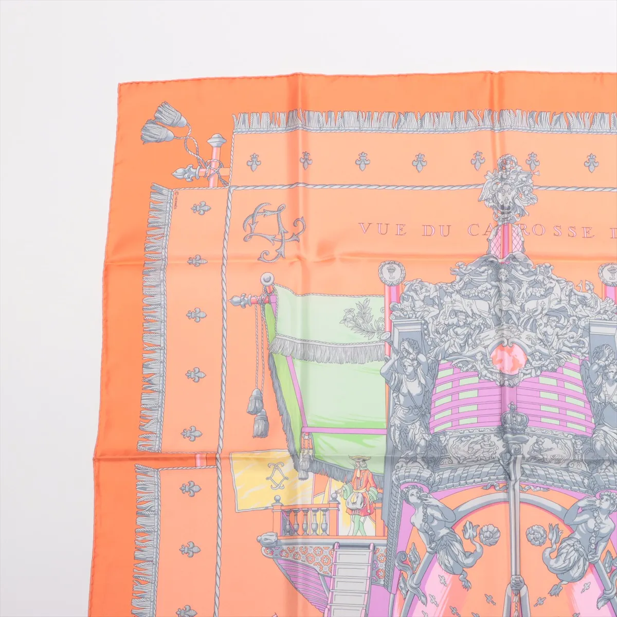 Carre 90 VUE DU CARROSSE DE LA GALERE LA REALE Queen's Coronation Scarf, Silk, Orange, with some wear, — view 2