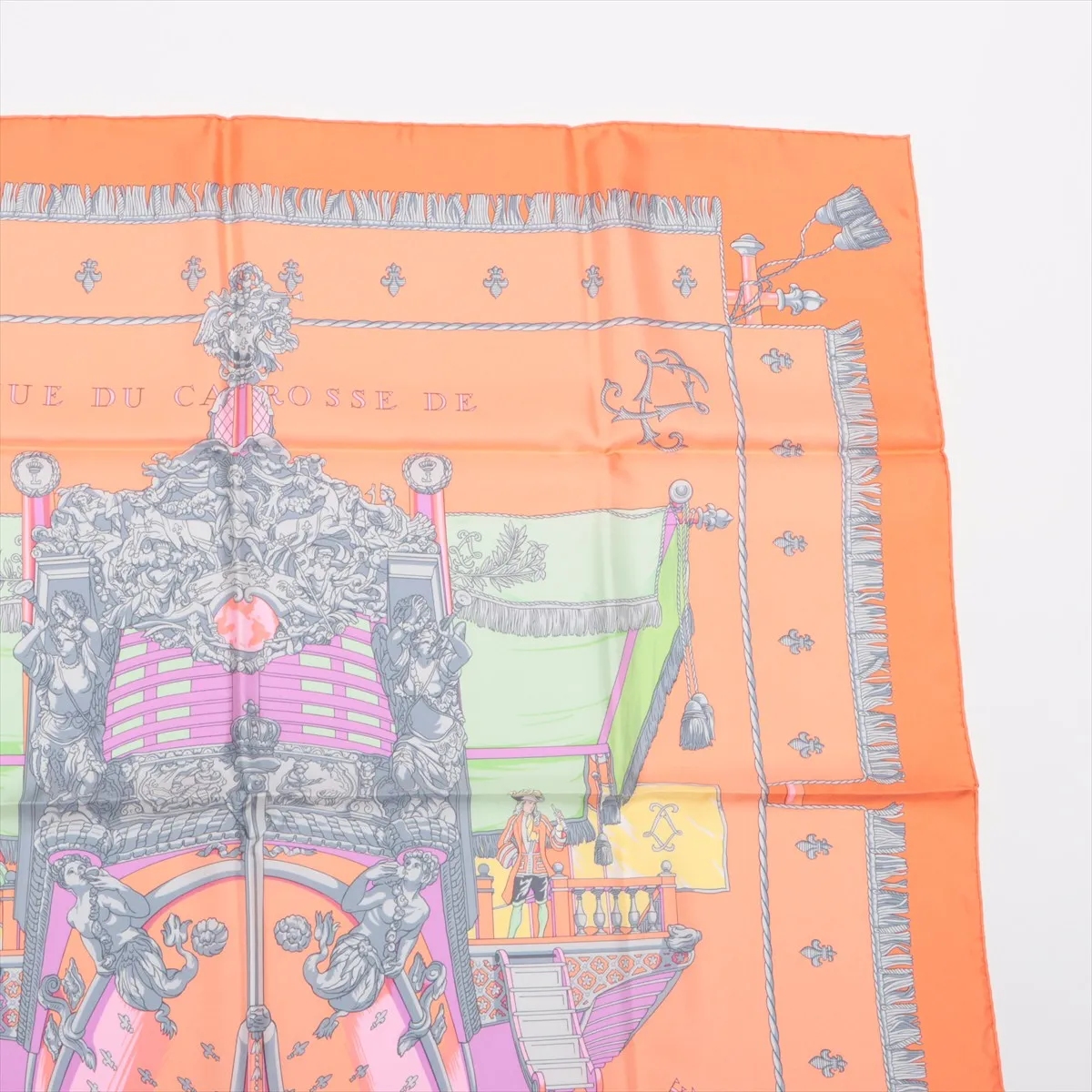 Carre 90 VUE DU CARROSSE DE LA GALERE LA REALE Queen's Coronation Scarf, Silk, Orange, with some wear, — view 3