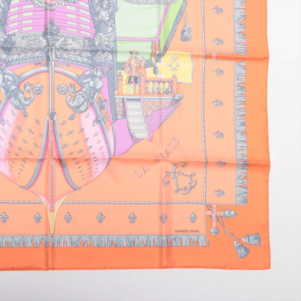 Carre 90 VUE DU CARROSSE DE LA GALERE LA REALE Queen's Coronation Scarf, Silk, Orange, with some wear, — view 4