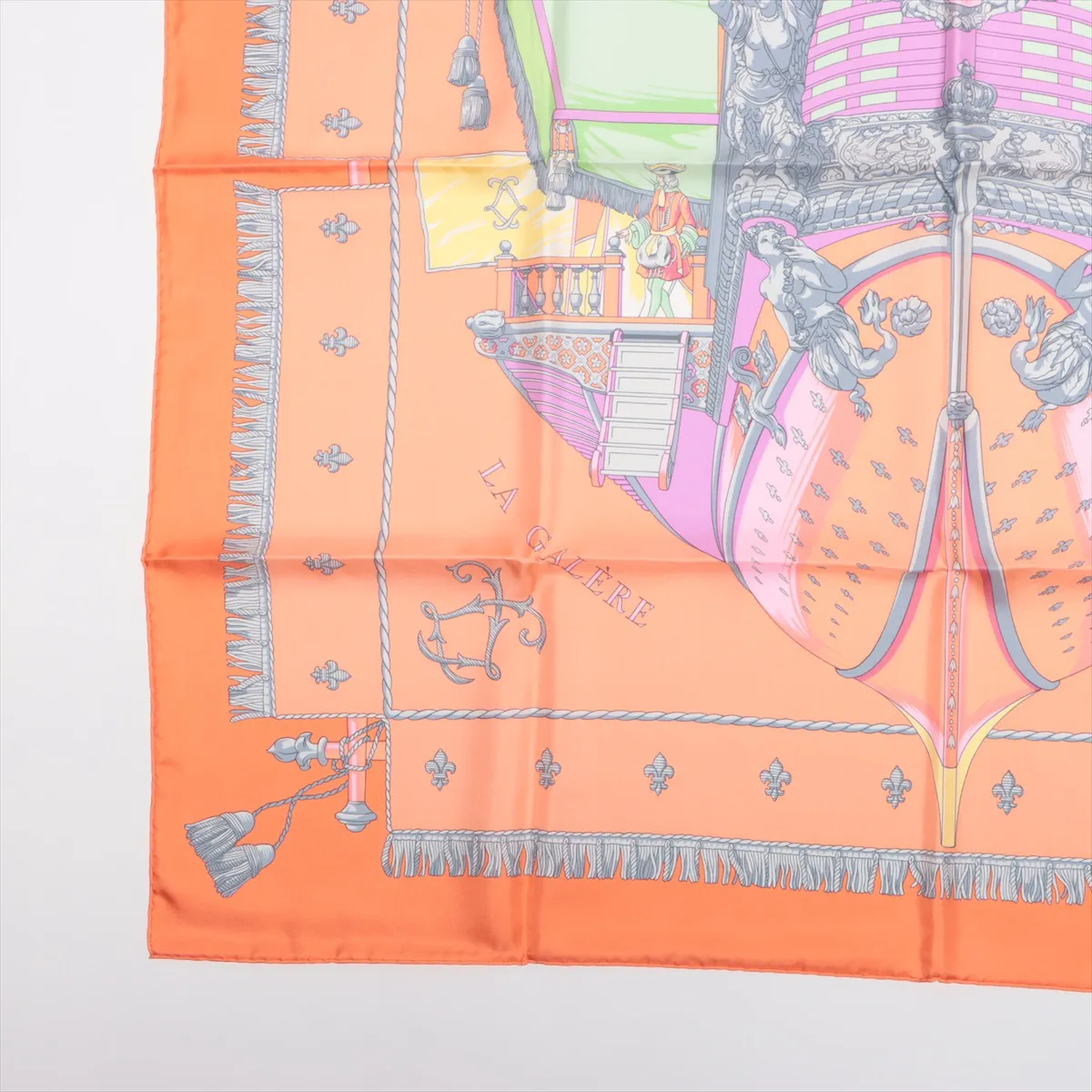 Carre 90 VUE DU CARROSSE DE LA GALERE LA REALE Queen's Coronation Scarf, Silk, Orange, with some wear, — view 5