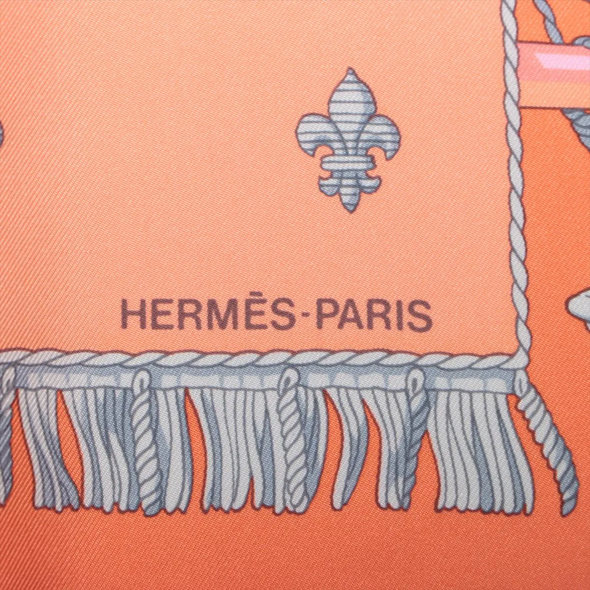 Carre 90 VUE DU CARROSSE DE LA GALERE LA REALE Queen's Coronation Scarf, Silk, Orange, with some wear, — view 6