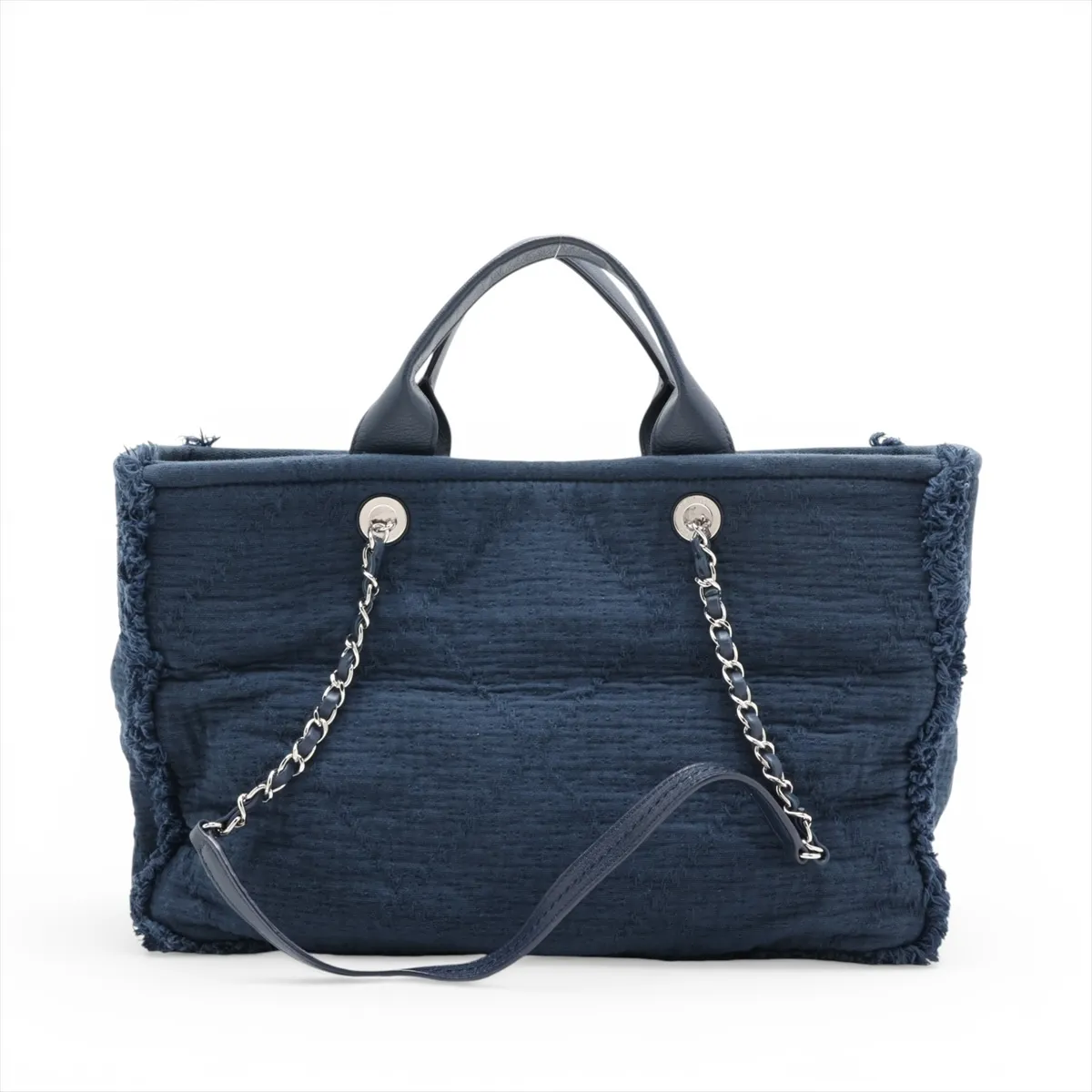 Coco Mark Cotton x Leather Chain Tote Bag with Fringe, Navy, Silver Hardware, 27407968, Serial Number 27 — view 2