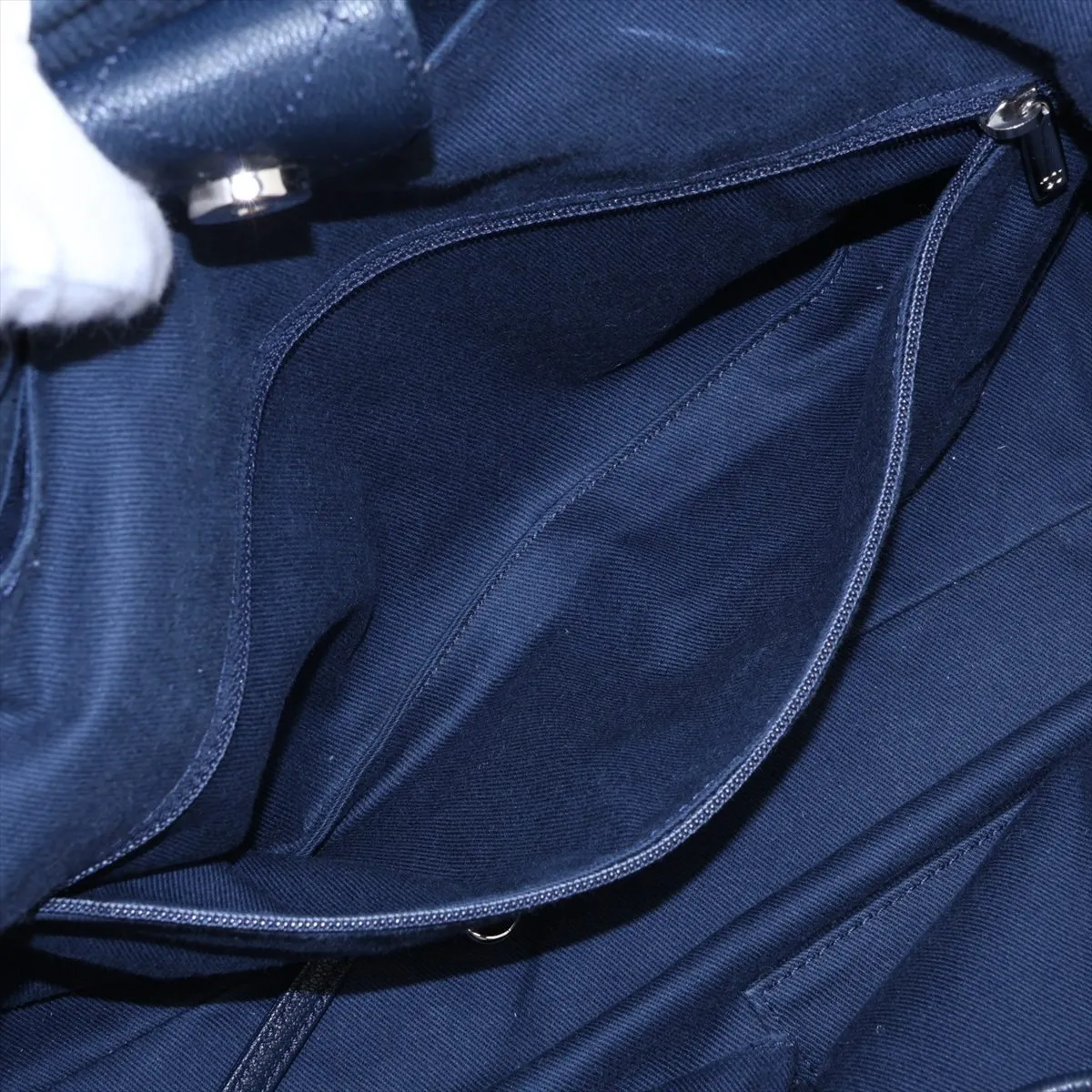 Coco Mark Cotton x Leather Chain Tote Bag with Fringe, Navy, Silver Hardware, 27407968, Serial Number 27 — view 14