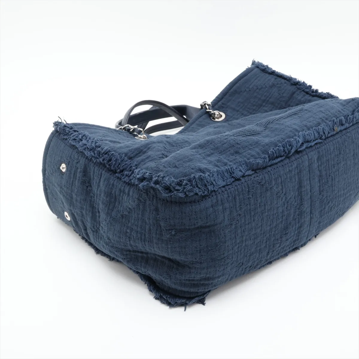 Coco Mark Cotton x Leather Chain Tote Bag with Fringe, Navy, Silver Hardware, 27407968, Serial Number 27 — view 4