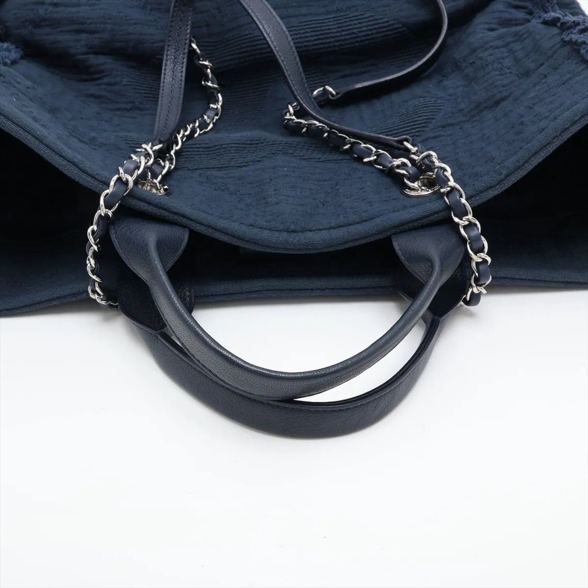 Coco Mark Cotton x Leather Chain Tote Bag with Fringe, Navy, Silver Hardware, 27407968, Serial Number 27 — view 5