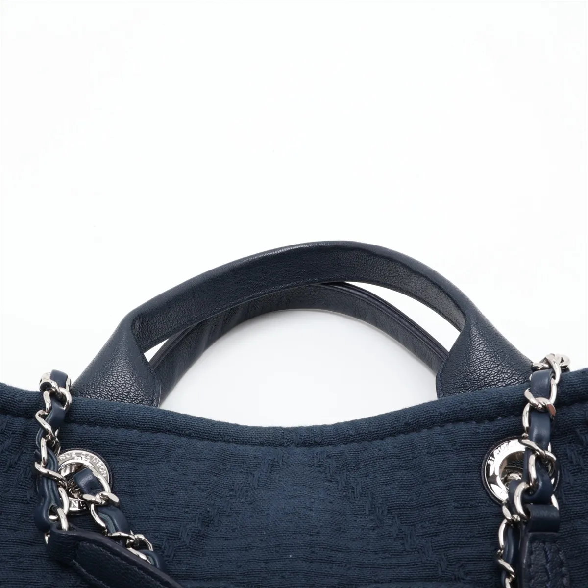 Coco Mark Cotton x Leather Chain Tote Bag with Fringe, Navy, Silver Hardware, 27407968, Serial Number 27 — view 6