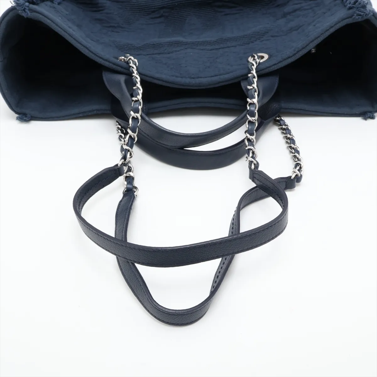 Coco Mark Cotton x Leather Chain Tote Bag with Fringe, Navy, Silver Hardware, 27407968, Serial Number 27 — view 7