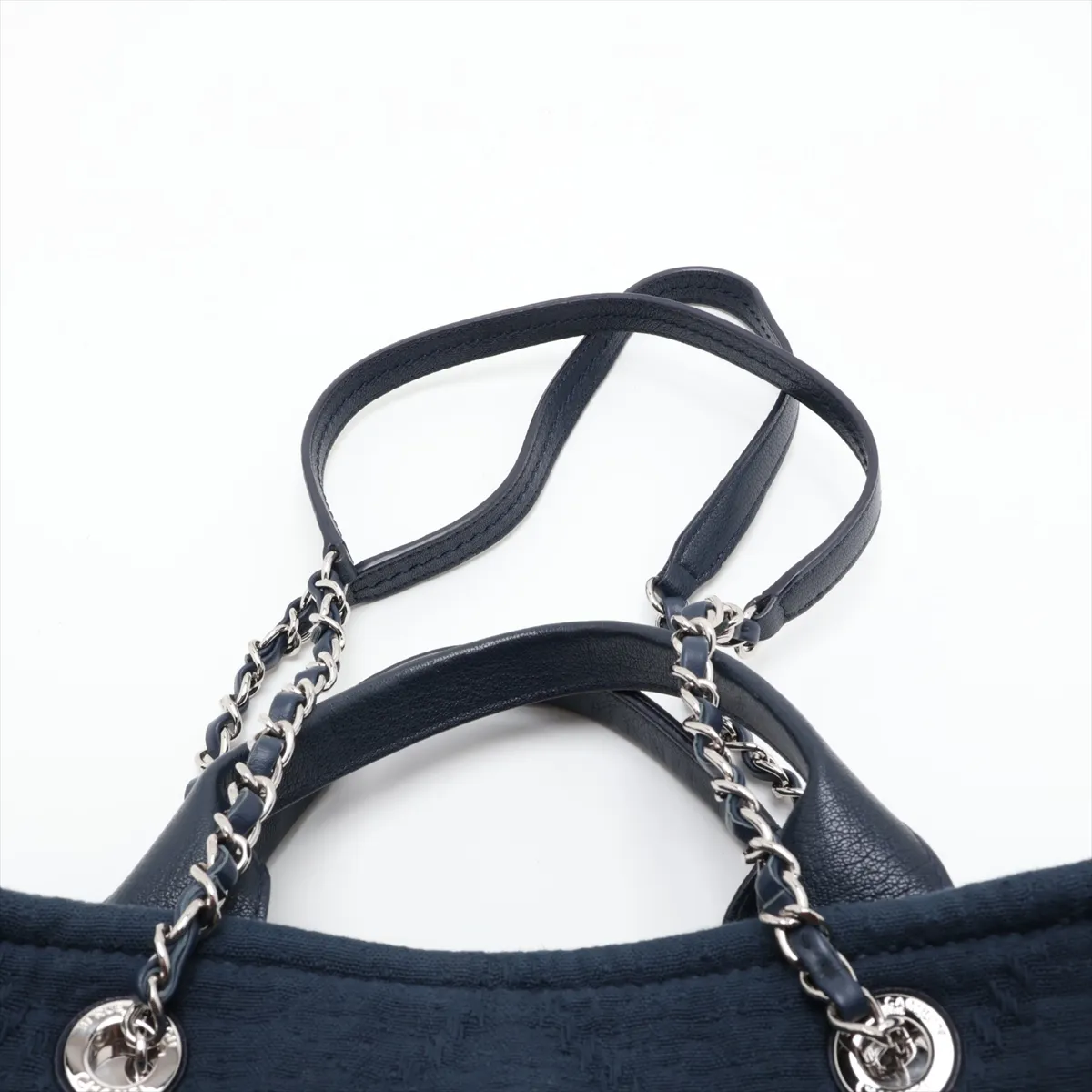 Coco Mark Cotton x Leather Chain Tote Bag with Fringe, Navy, Silver Hardware, 27407968, Serial Number 27 — view 8