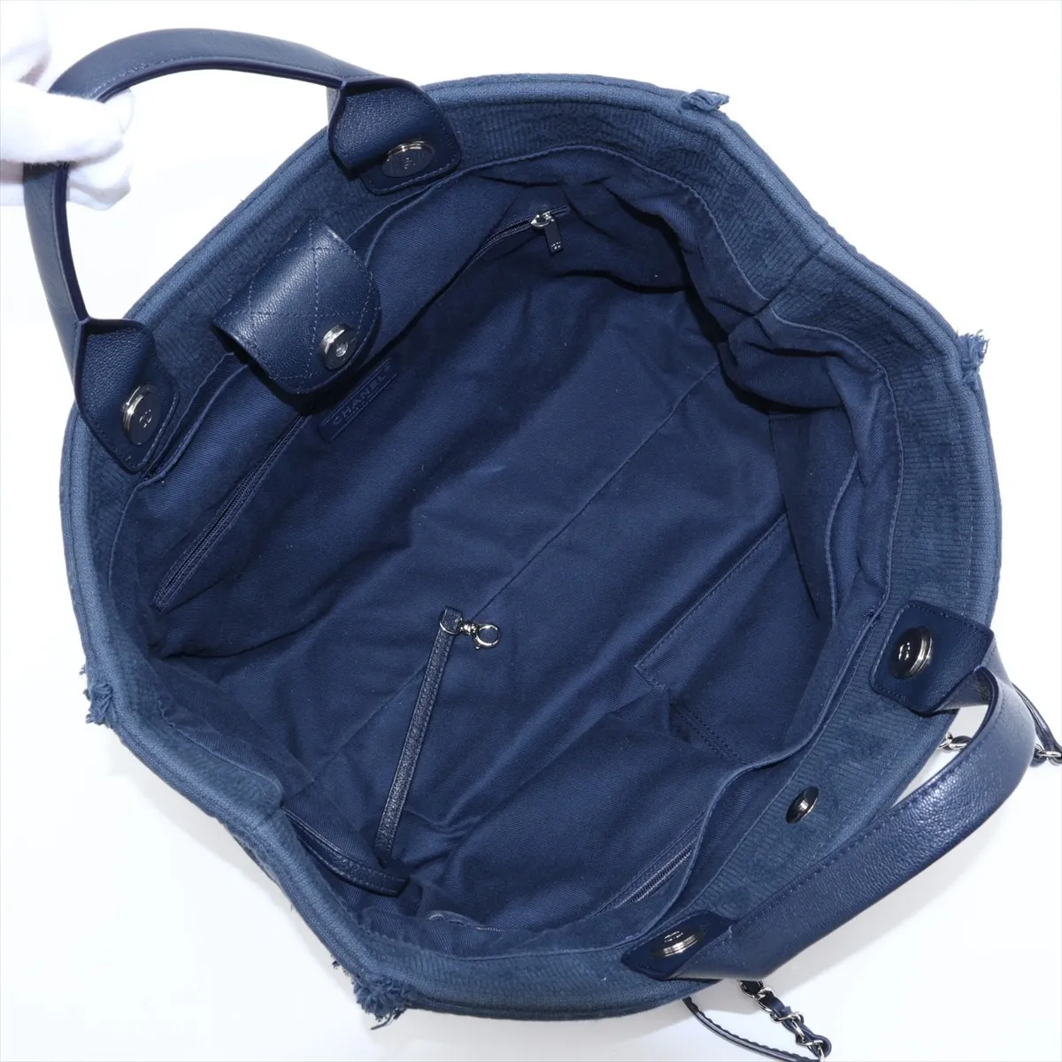 Coco Mark Cotton x Leather Chain Tote Bag with Fringe, Navy, Silver Hardware, 27407968, Serial Number 27 — view 9