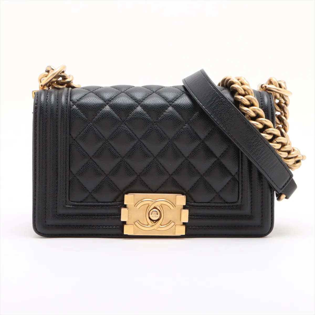 Boy Chanel 20 Small Caviar Skin Chain Shoulder Bag Black Gold Hardware AJ169UX6 Random Plate A67085
