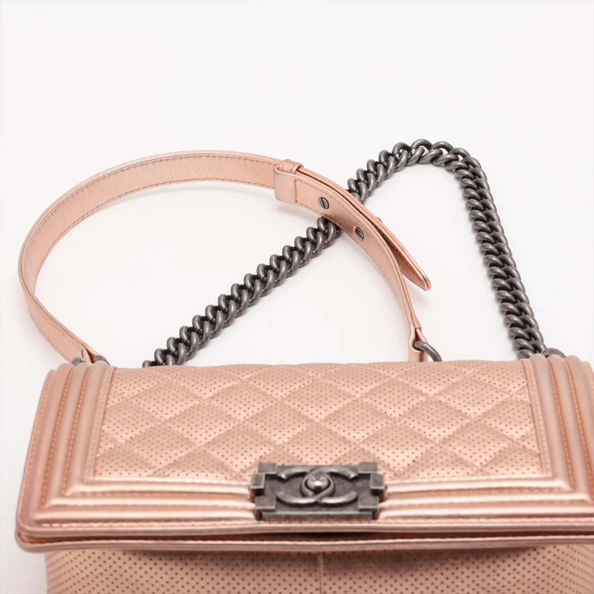 Boy Chanel 25 Perforated Leather Chain Shoulder Bag, Pink Gold with Gunmetal Hardware, 20592787, Serial Number in the 20s, A67086 — view 6