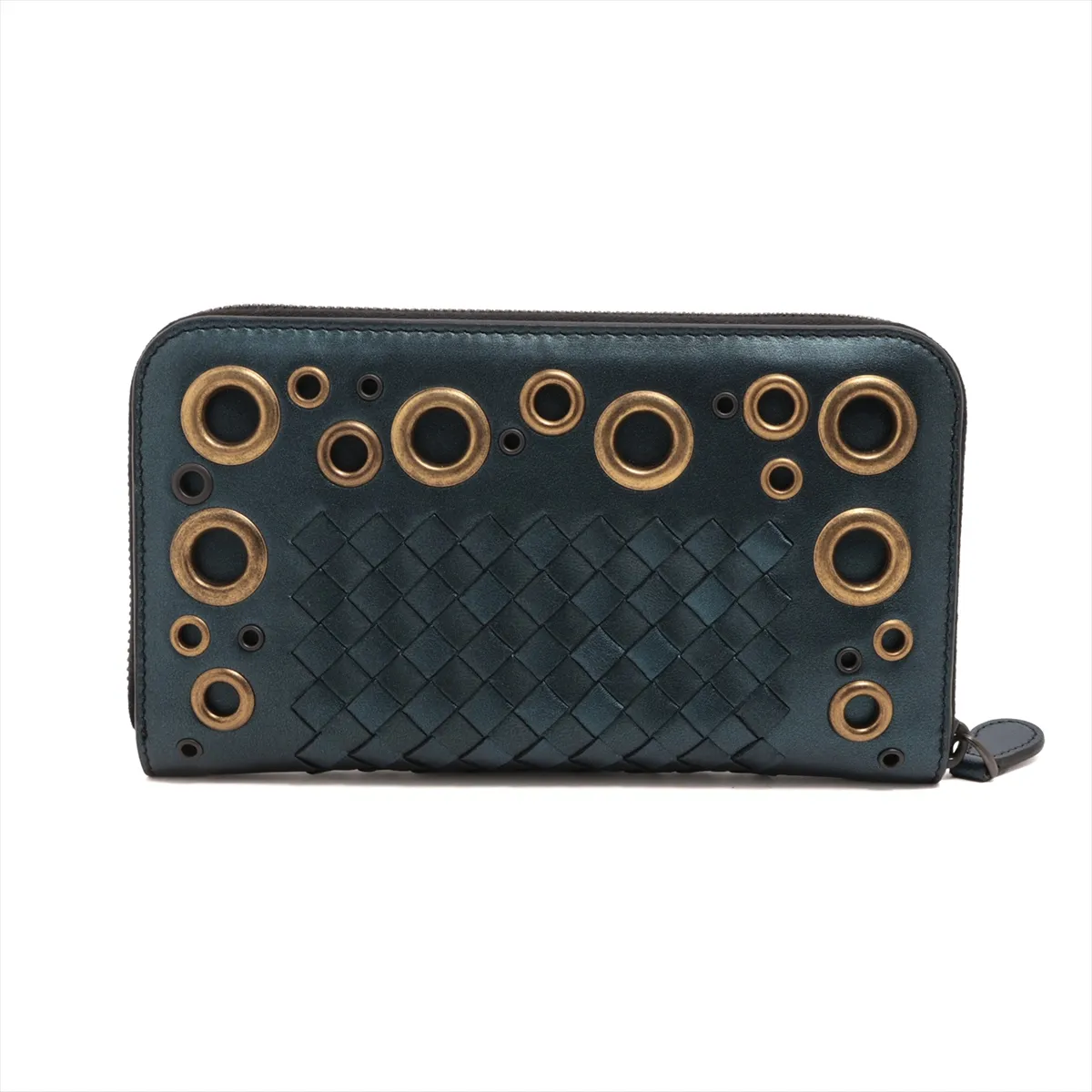 Intrecciato Leather Round Zip Wallet Blue — view 2