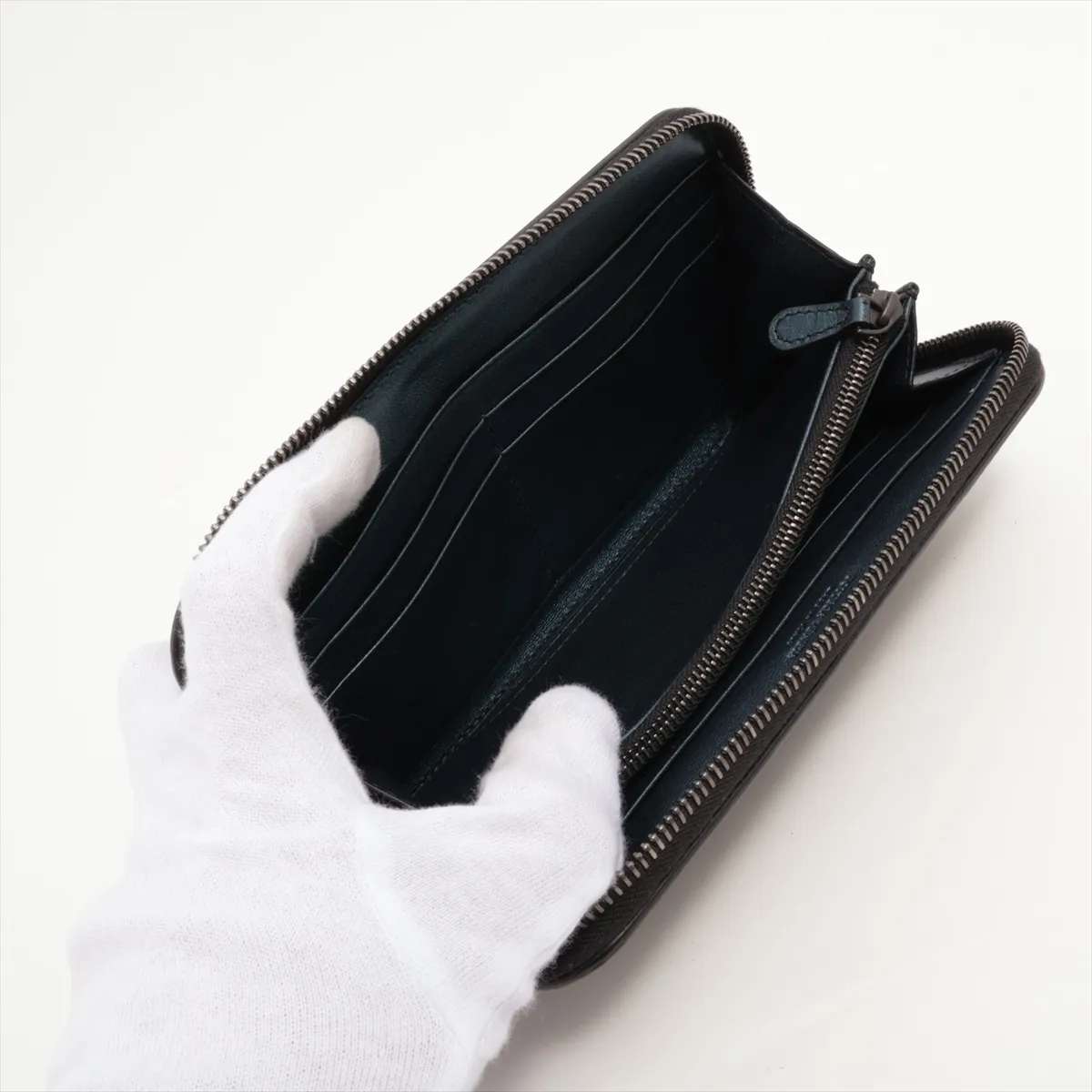 Intrecciato Leather Round Zip Wallet Blue — view 5