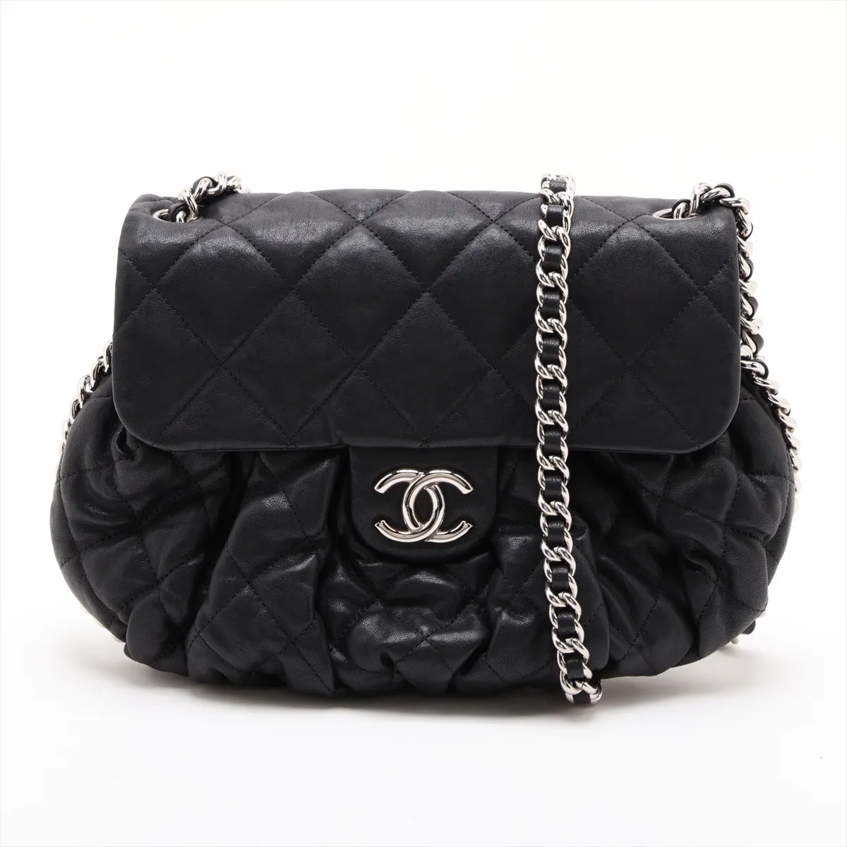 Matelassé Leather Chain Shoulder Bag, Chain Around, Black, Silver Hardware, 22170026, Serial Number 22