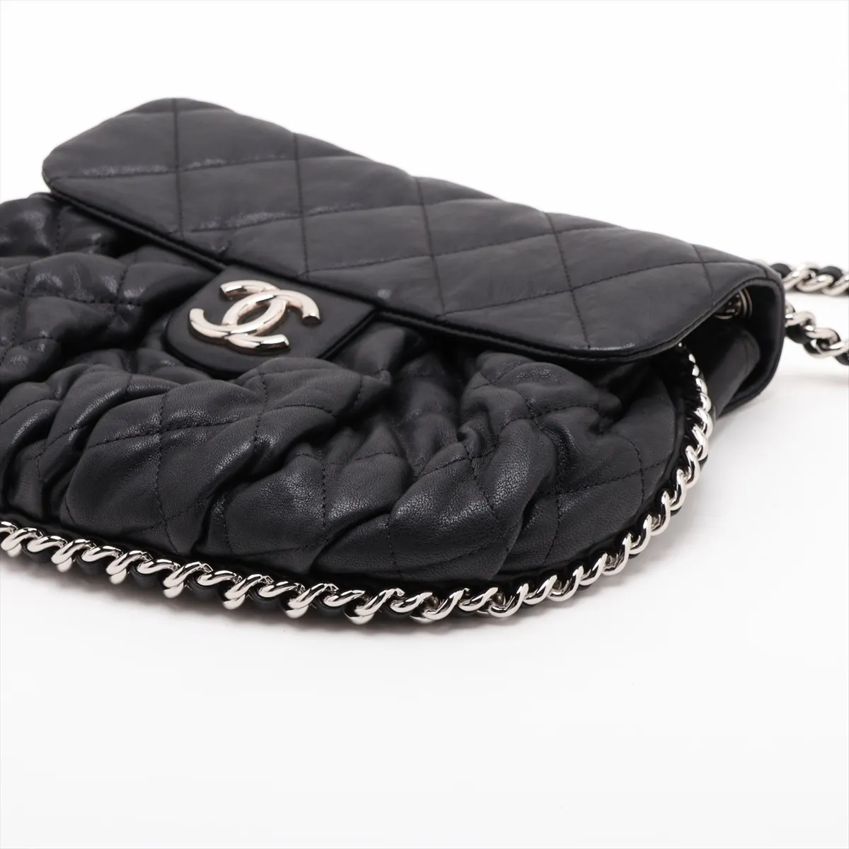 Matelassé Leather Chain Shoulder Bag, Chain Around, Black, Silver Hardware, 22170026, Serial Number 22 — view 3