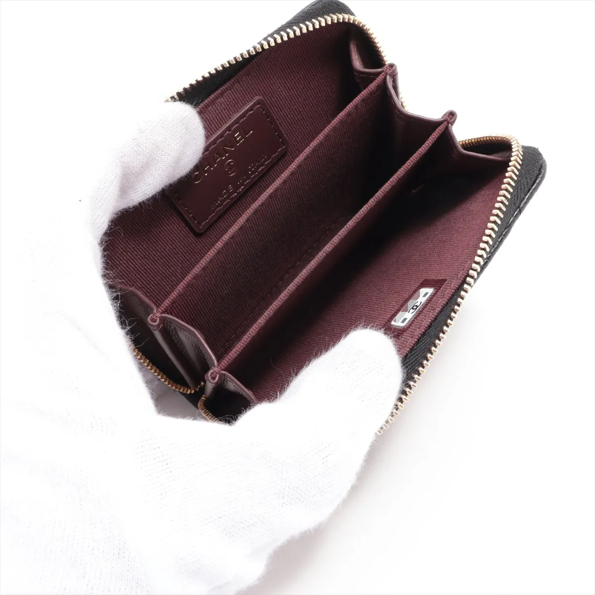 Matelassé Caviar Skin Coin Case, Black with Gold Hardware, G30UCE5L — view 3