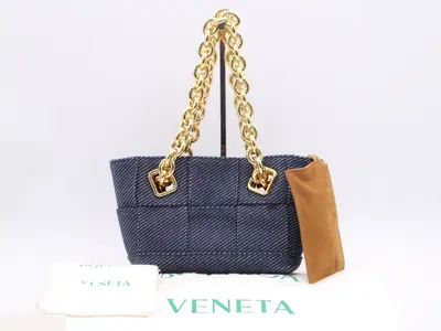 Maxi Intrecciato Arco Denim Tote Bag, Navy, Gold Hardware