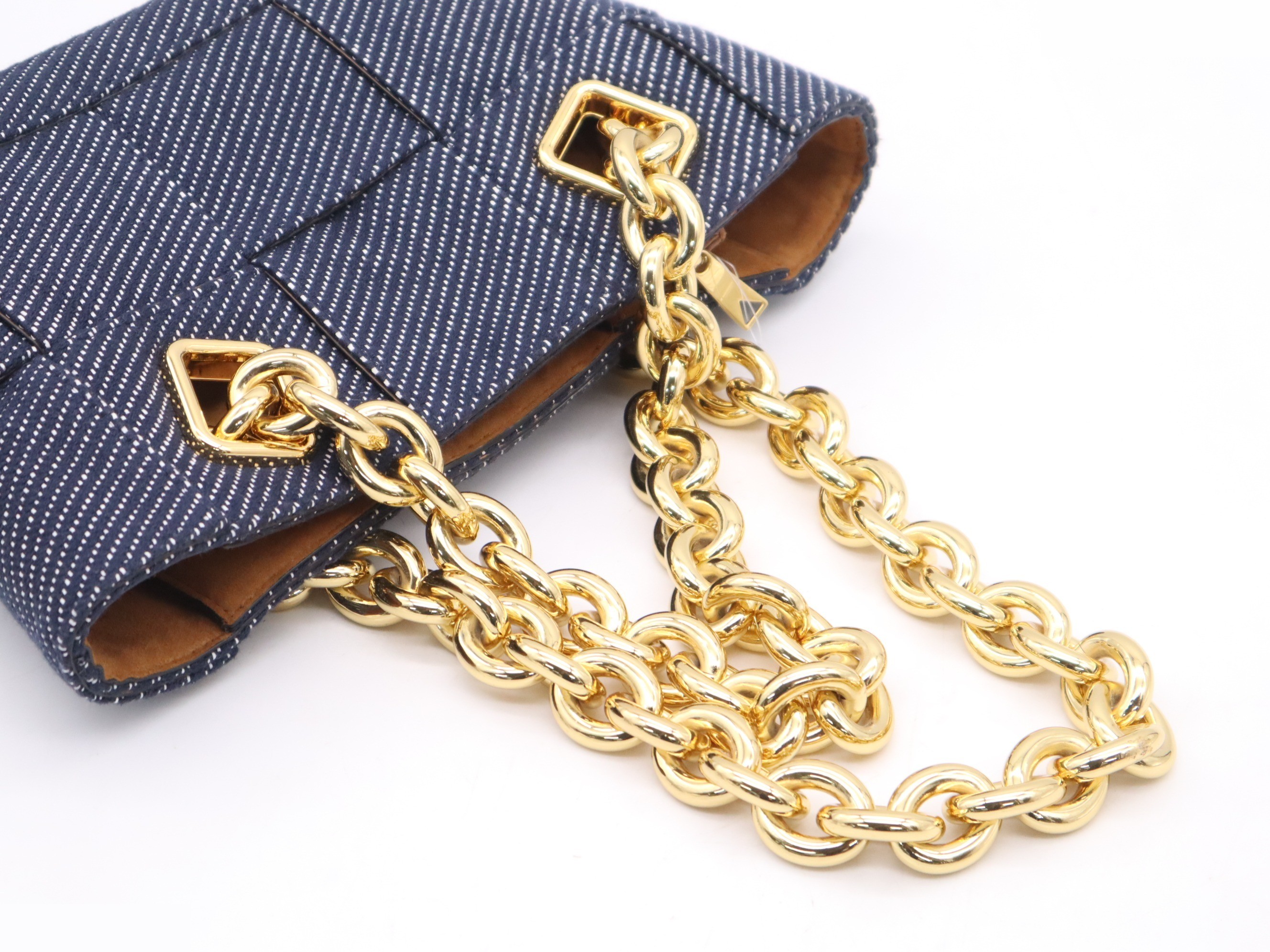 Maxi Intrecciato Arco Denim Tote Bag, Navy, Gold Hardware — view 6
