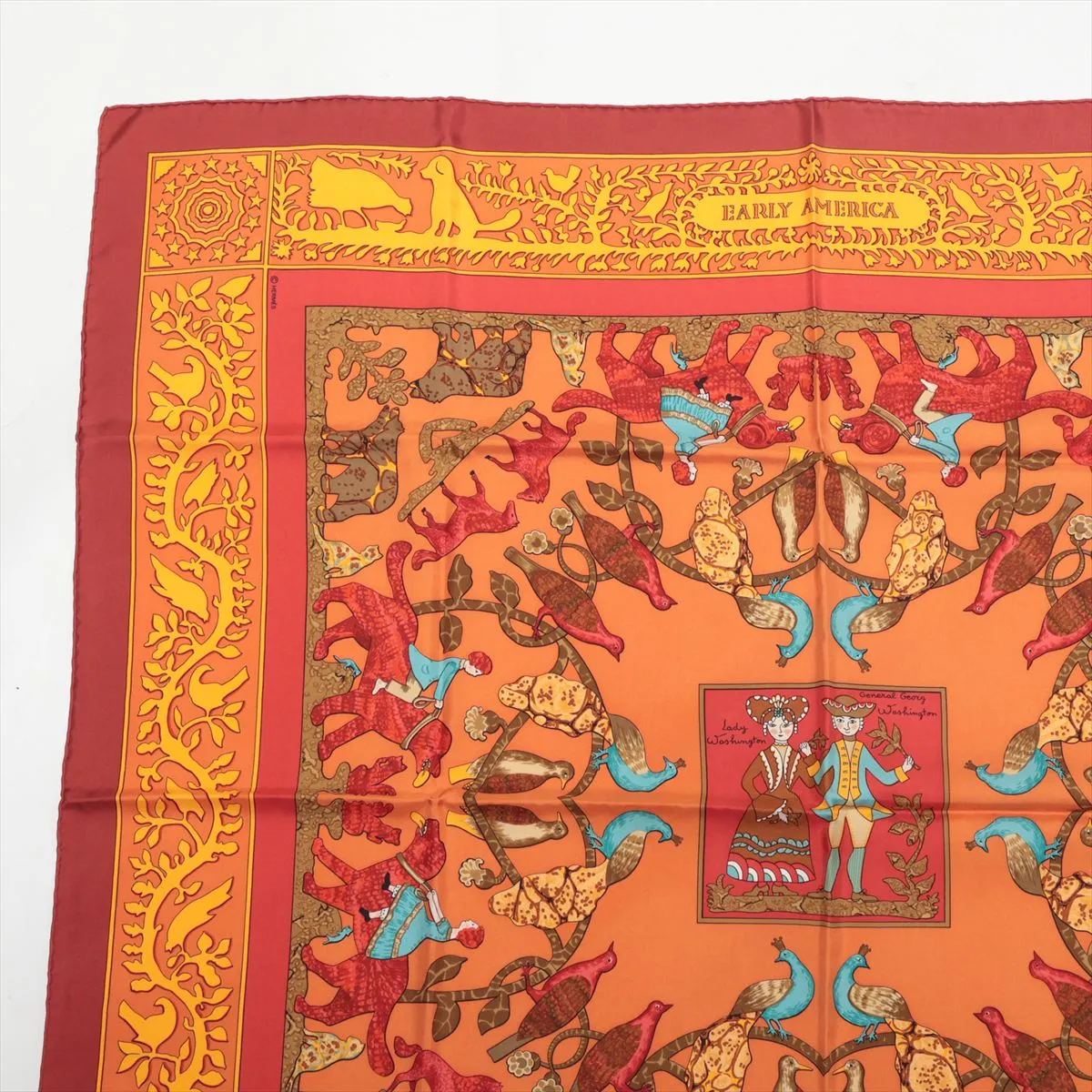 Carre 90 EARLY AMERICA scarf, silk, red x orange. Shows wear, snags, — view 2