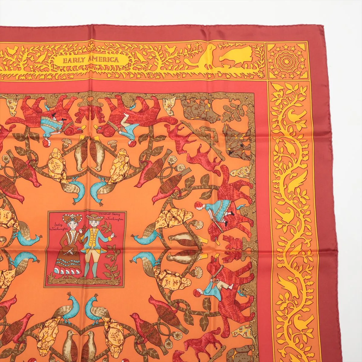 Carre 90 EARLY AMERICA scarf, silk, red x orange. Shows wear, snags, — view 3
