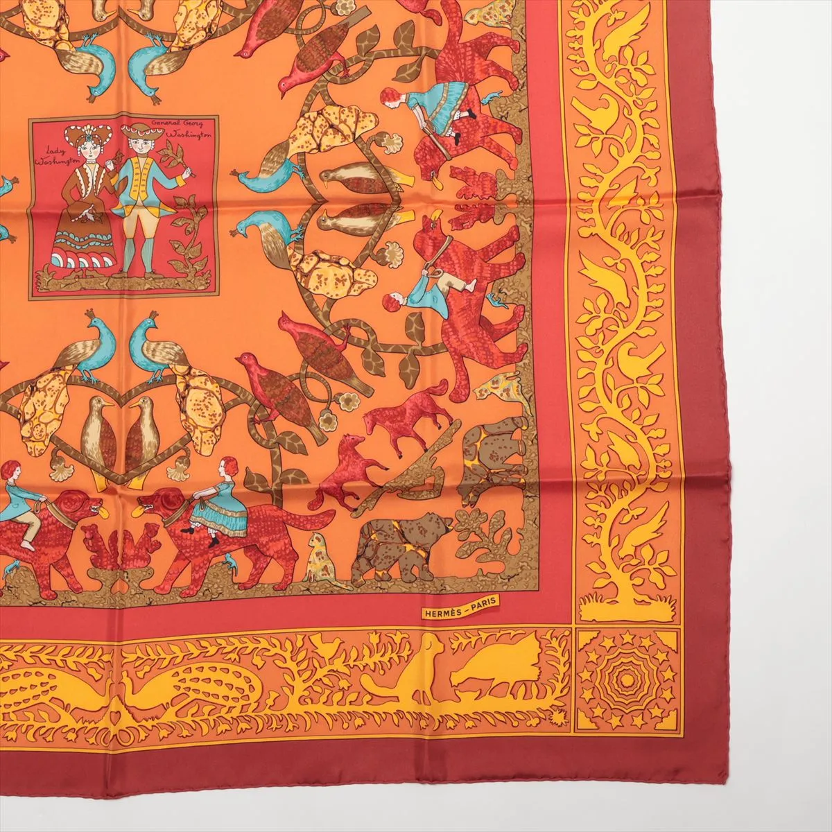 Carre 90 EARLY AMERICA scarf, silk, red x orange. Shows wear, snags, — view 4