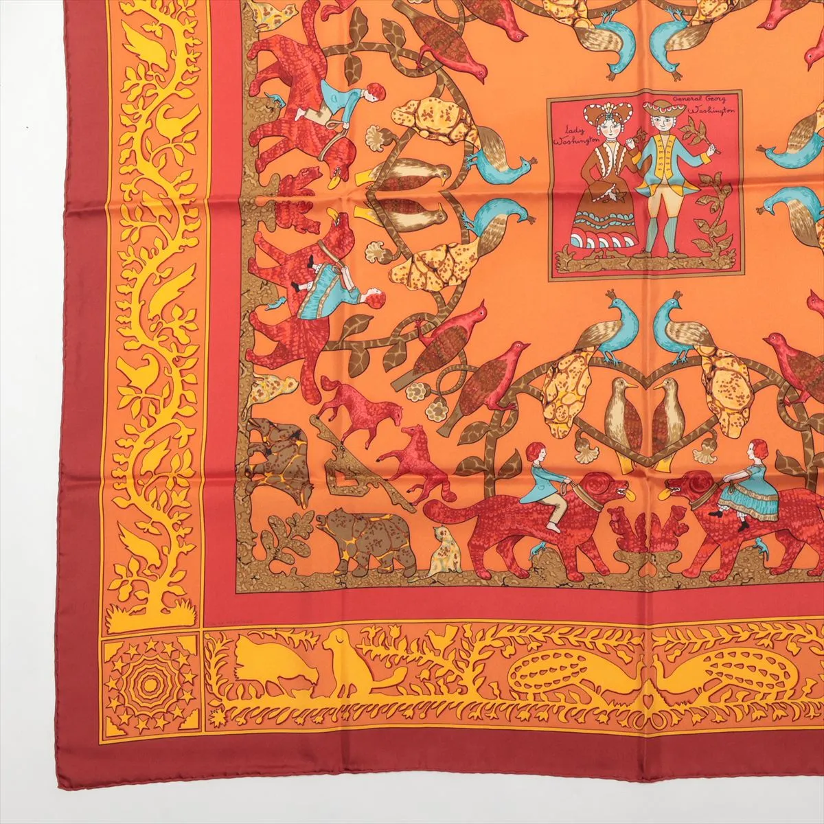 Carre 90 EARLY AMERICA scarf, silk, red x orange. Shows wear, snags, — view 5