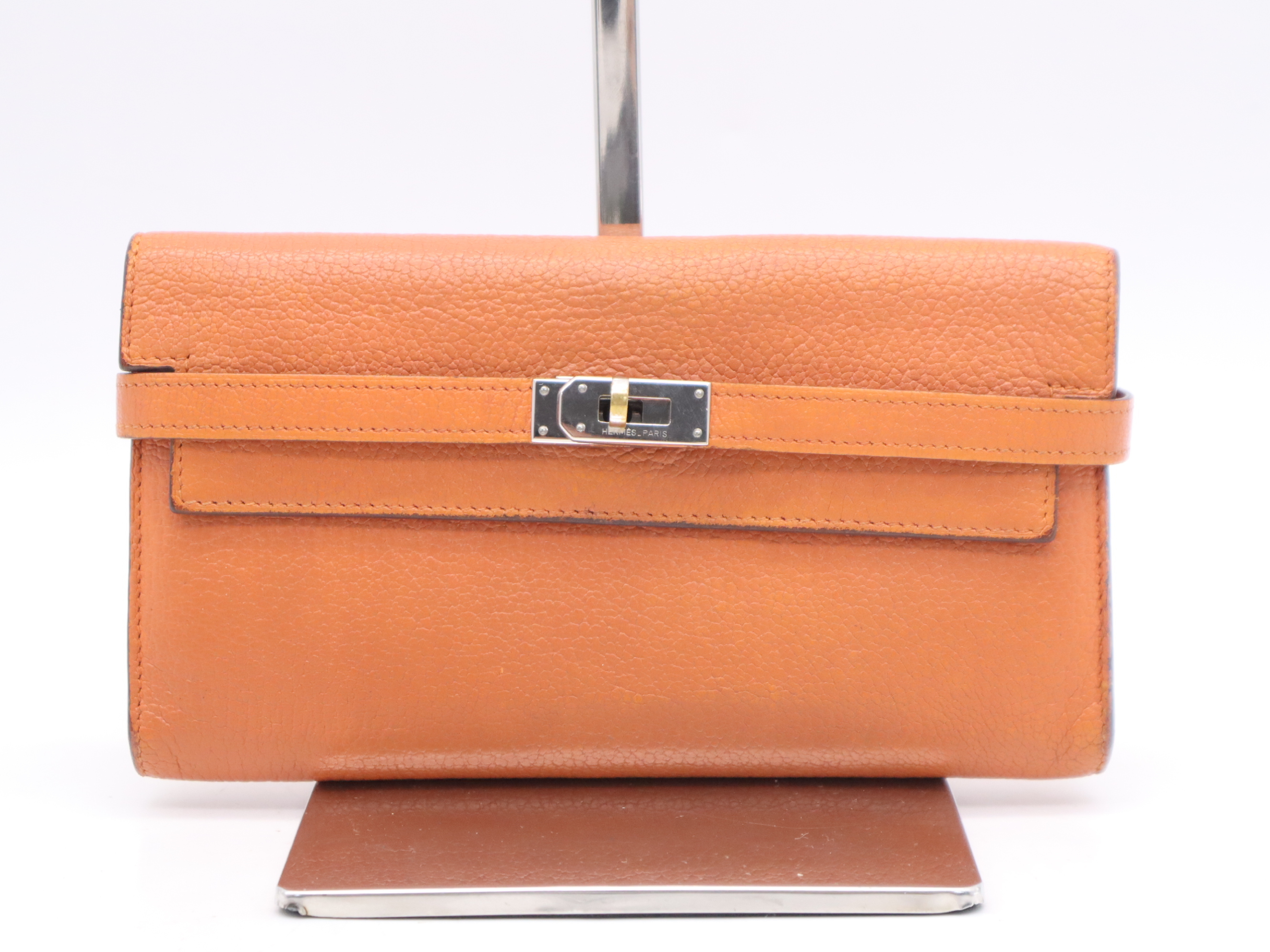 Leather Kelly Wallet Long, Orange, Silver Hardware, O Stamp, 2011 (Wallet)