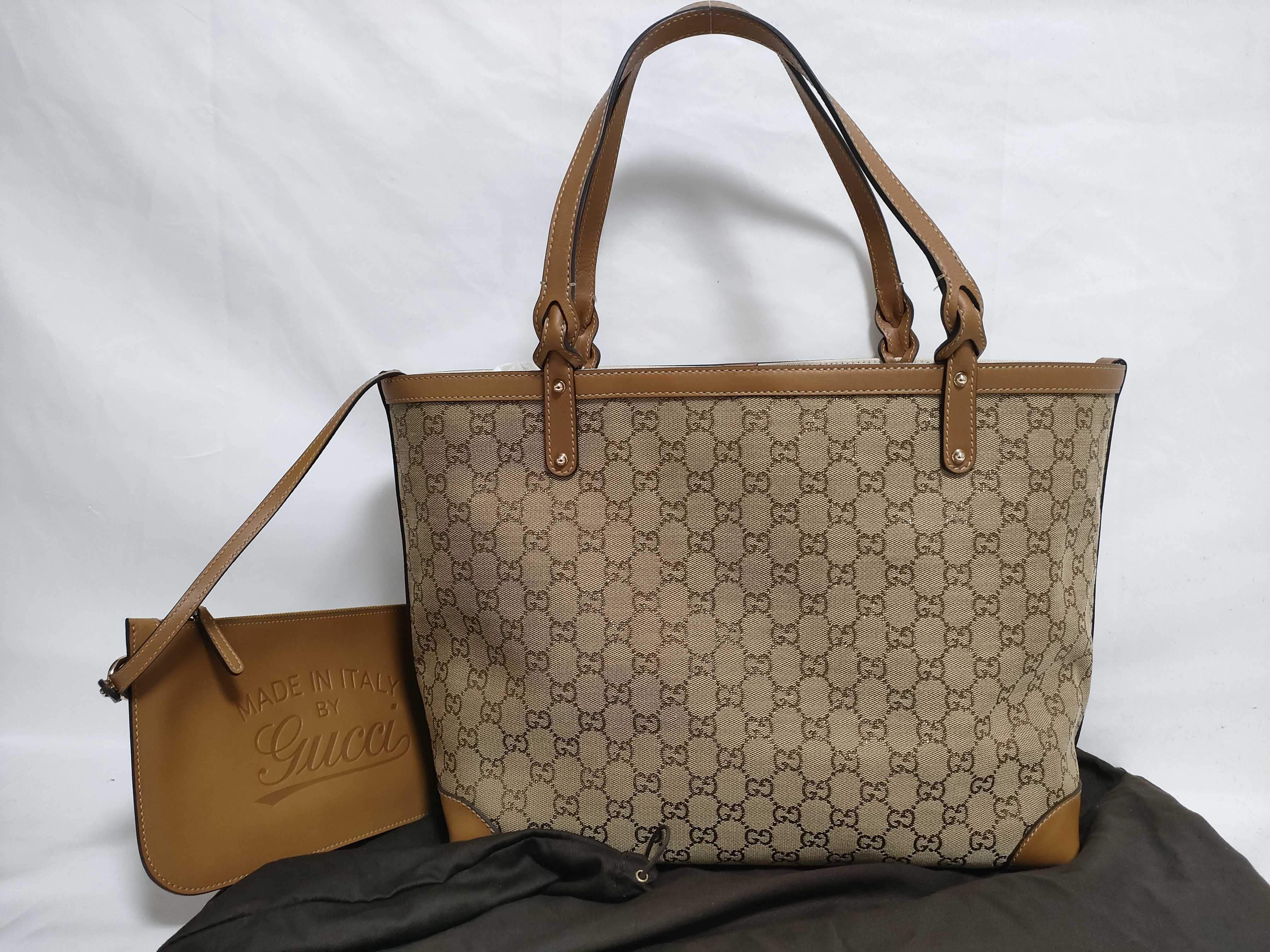 GG Canvas Tote Bag, Canvas x Leather, Beige x Brown, 247209 493075 (Tote Bag)