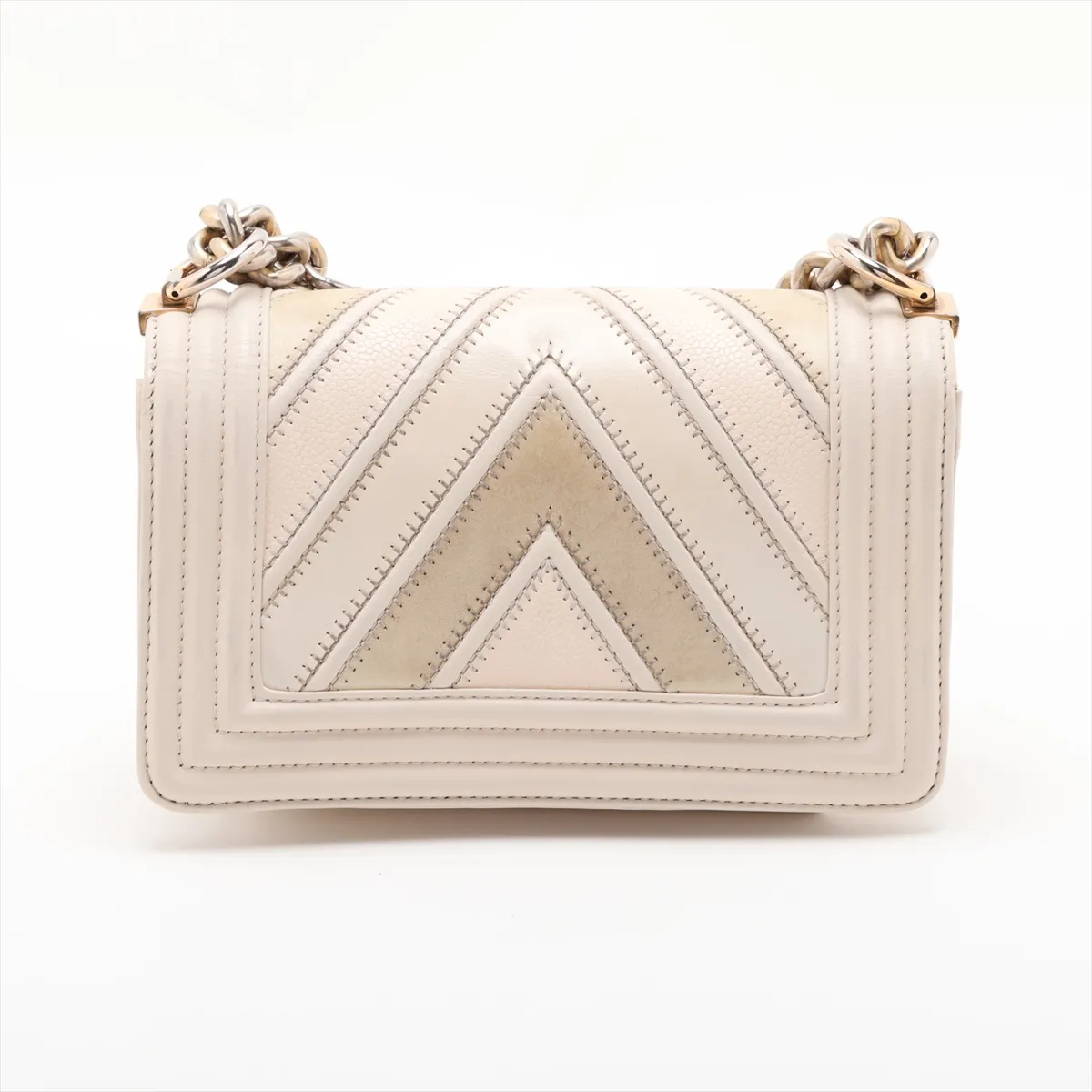 Boy Chanel 20 Small Leather Chain Shoulder Bag, Chevron V-stitch, Beige x Khaki, Gold Hardware, A67085 — view 2