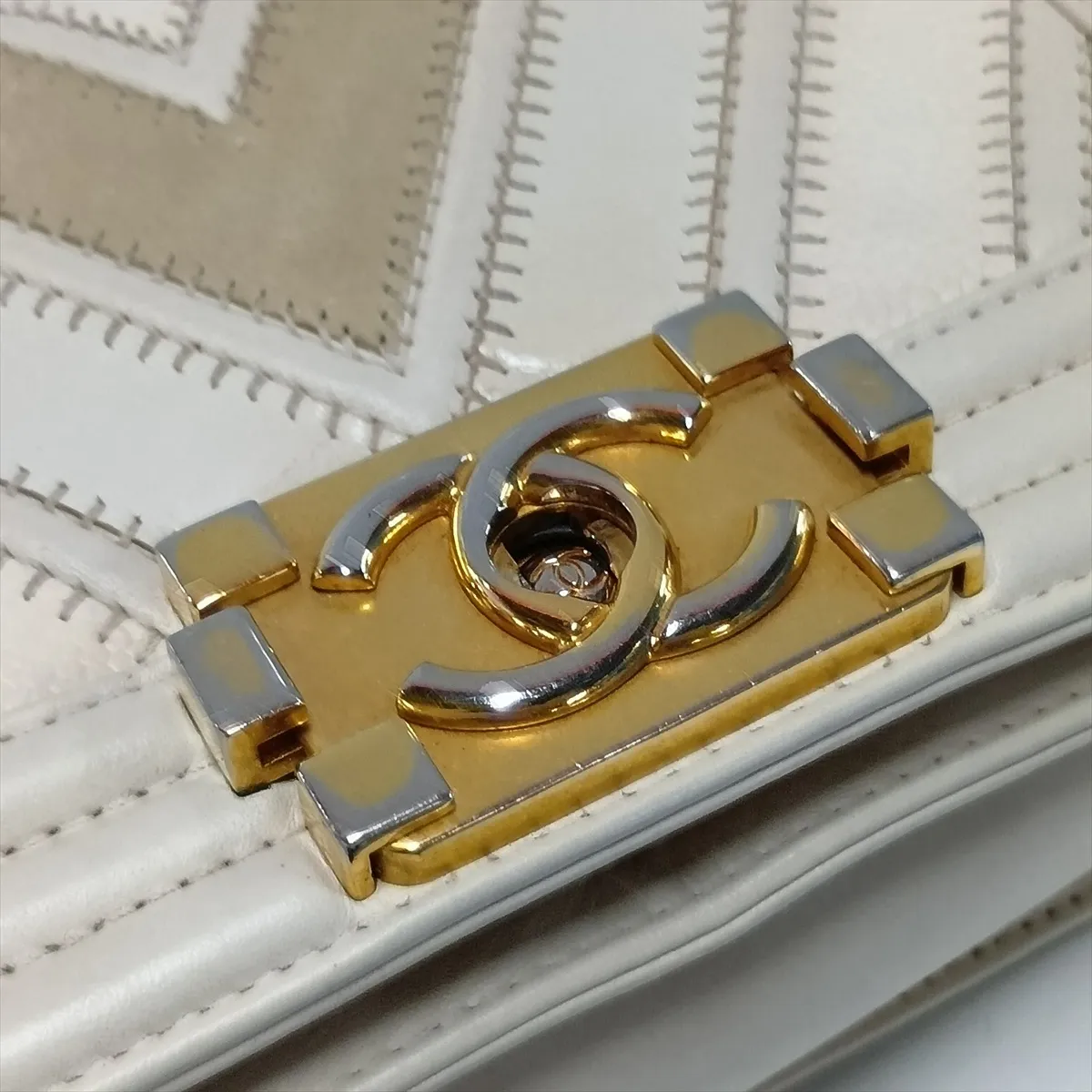 Boy Chanel 20 Small Leather Chain Shoulder Bag, Chevron V-stitch, Beige x Khaki, Gold Hardware, A67085 — view 11