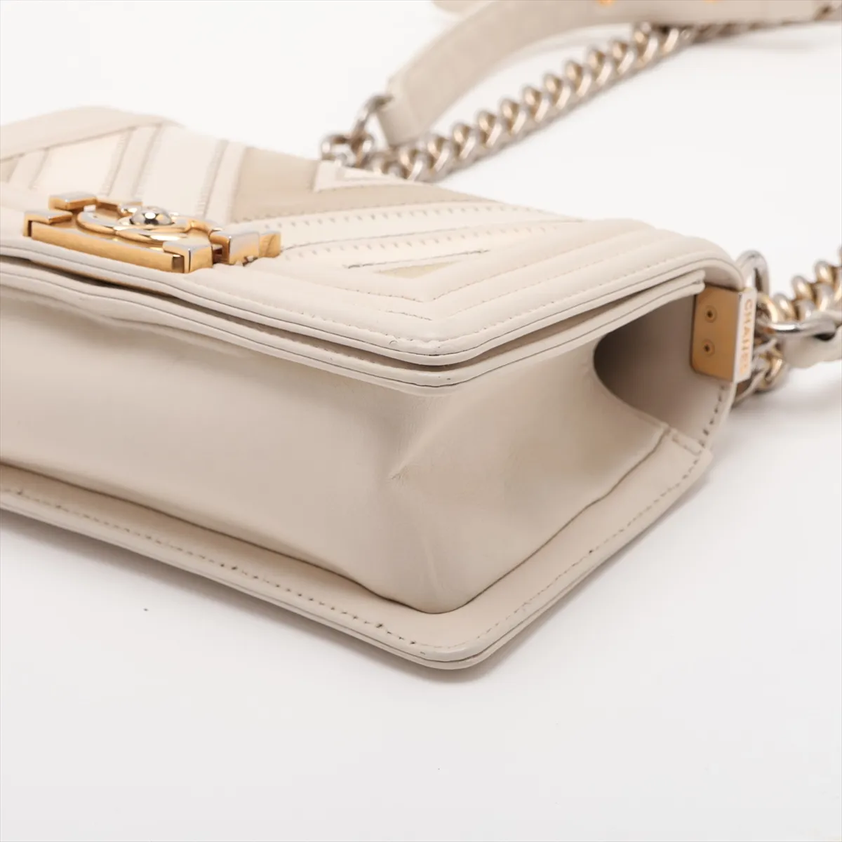 Boy Chanel 20 Small Leather Chain Shoulder Bag, Chevron V-stitch, Beige x Khaki, Gold Hardware, A67085 — view 3
