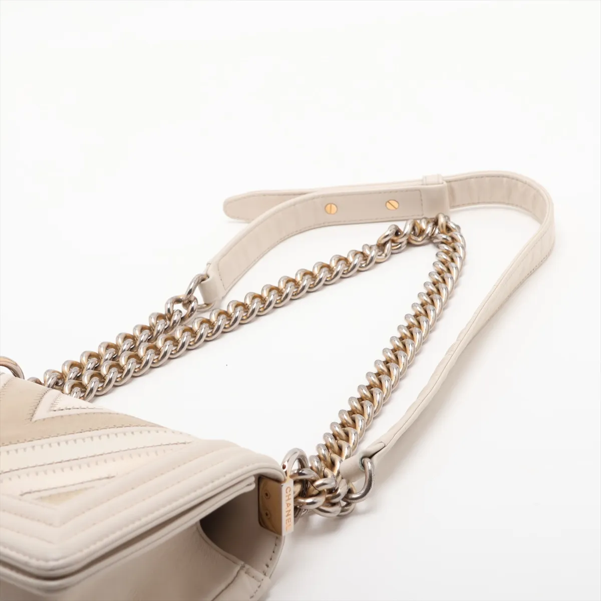 Boy Chanel 20 Small Leather Chain Shoulder Bag, Chevron V-stitch, Beige x Khaki, Gold Hardware, A67085 — view 5