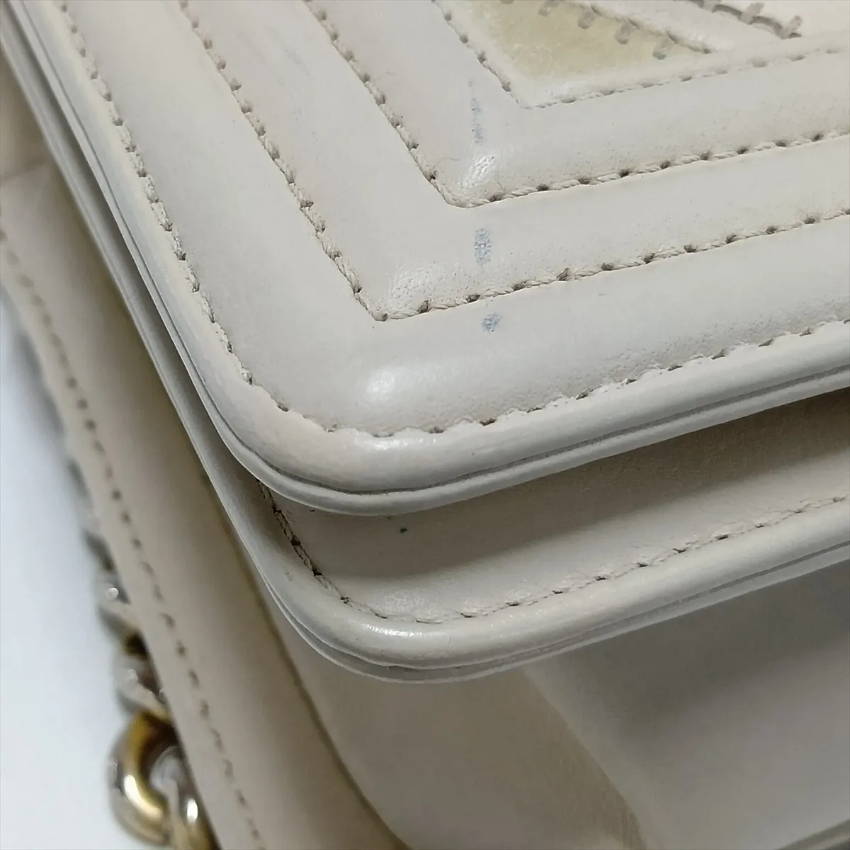 Boy Chanel 20 Small Leather Chain Shoulder Bag, Chevron V-stitch, Beige x Khaki, Gold Hardware, A67085 — view 10