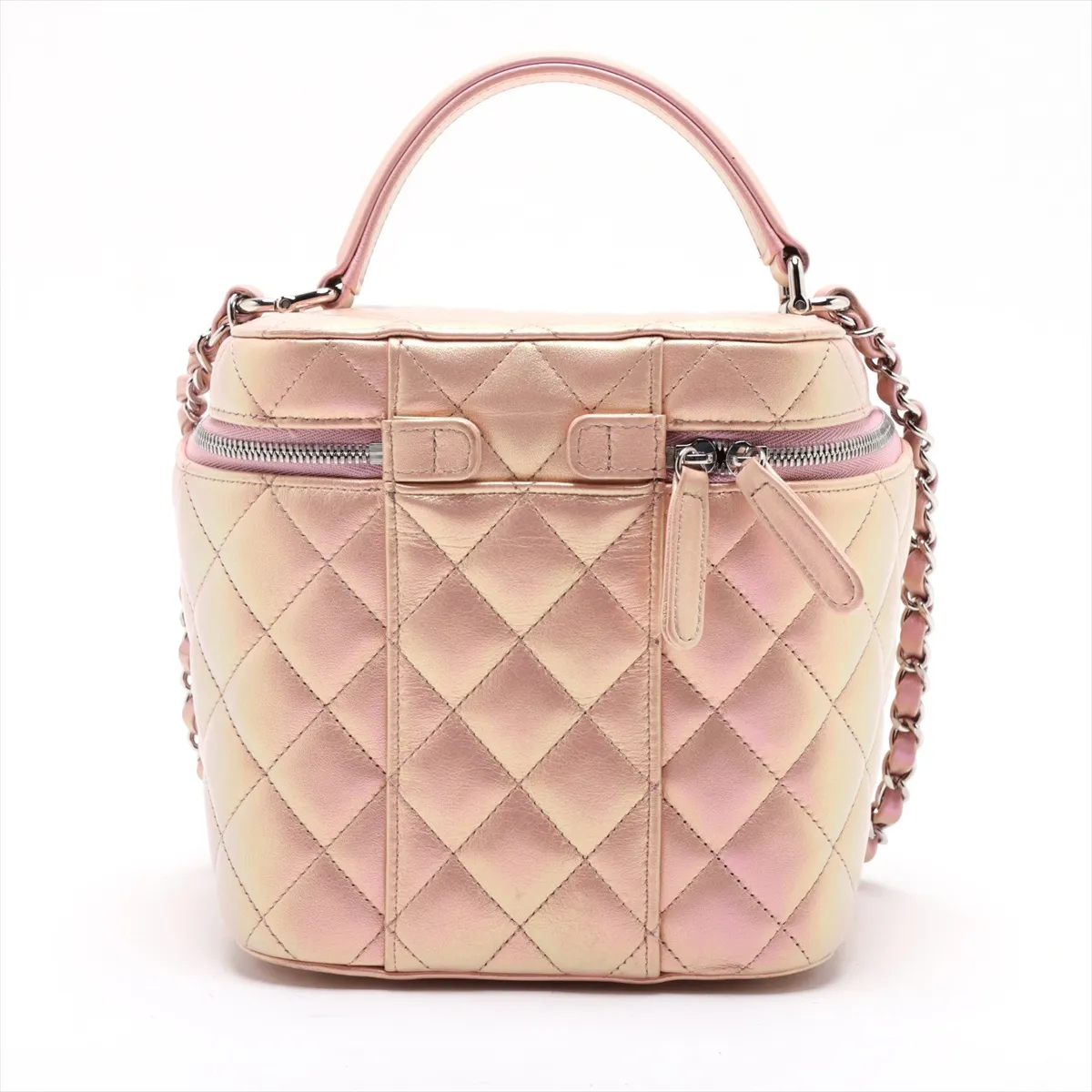 Matelassé Leather 2-Way Handbag Vanity Case Pink Silver Hardware NL30971C Random Plate — view 2