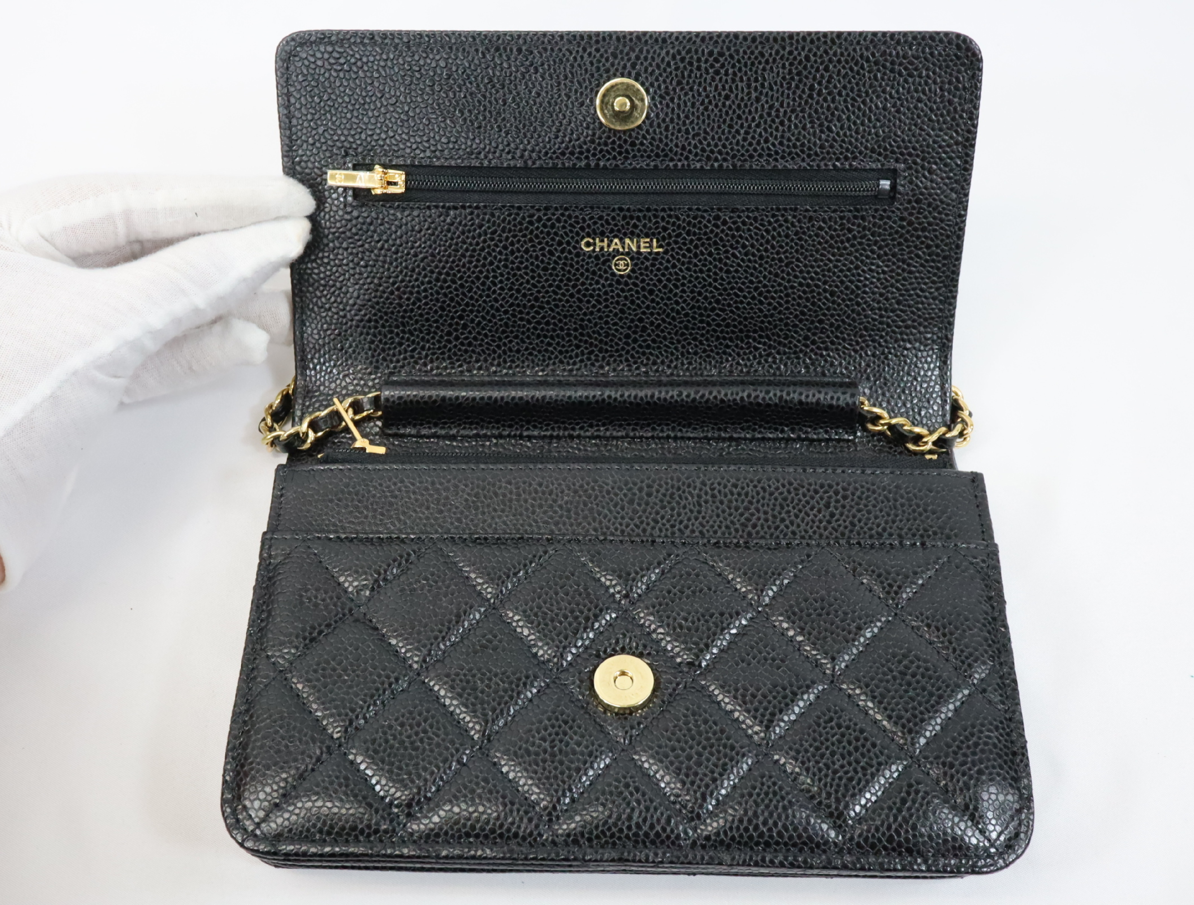 Matelassé Caviar Skin Chain Wallet, Black with Gold Hardware, Random Plate Design, AP0250 Shoulder Bag — view 12