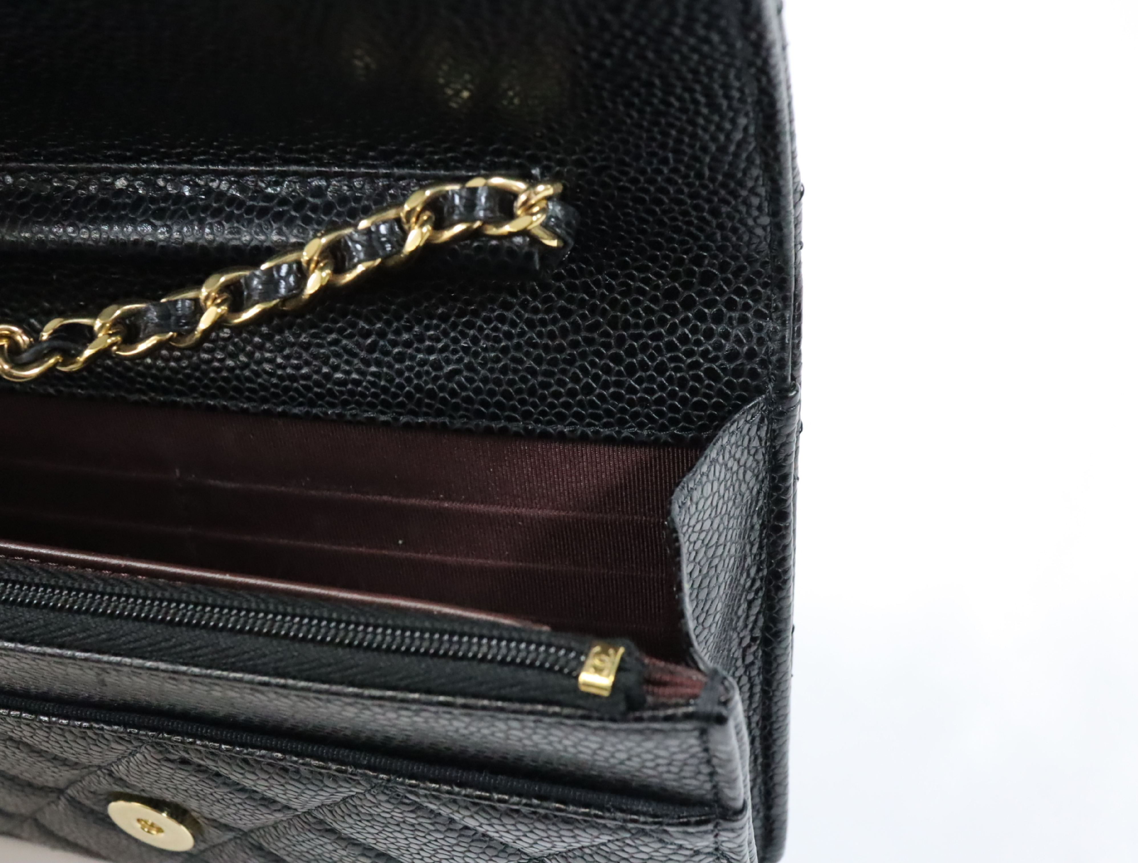 Matelassé Caviar Skin Chain Wallet, Black with Gold Hardware, Random Plate Design, AP0250 Shoulder Bag — view 13