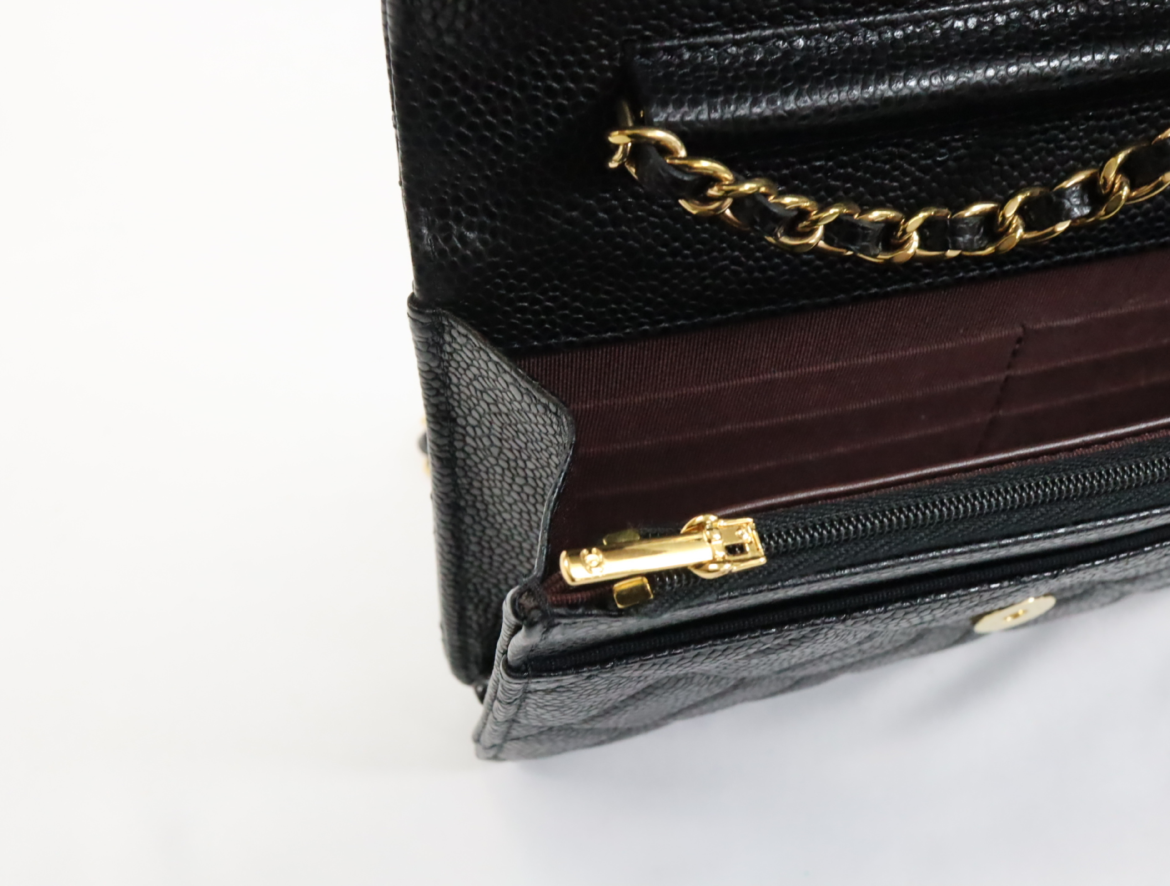 Matelassé Caviar Skin Chain Wallet, Black with Gold Hardware, Random Plate Design, AP0250 Shoulder Bag — view 14