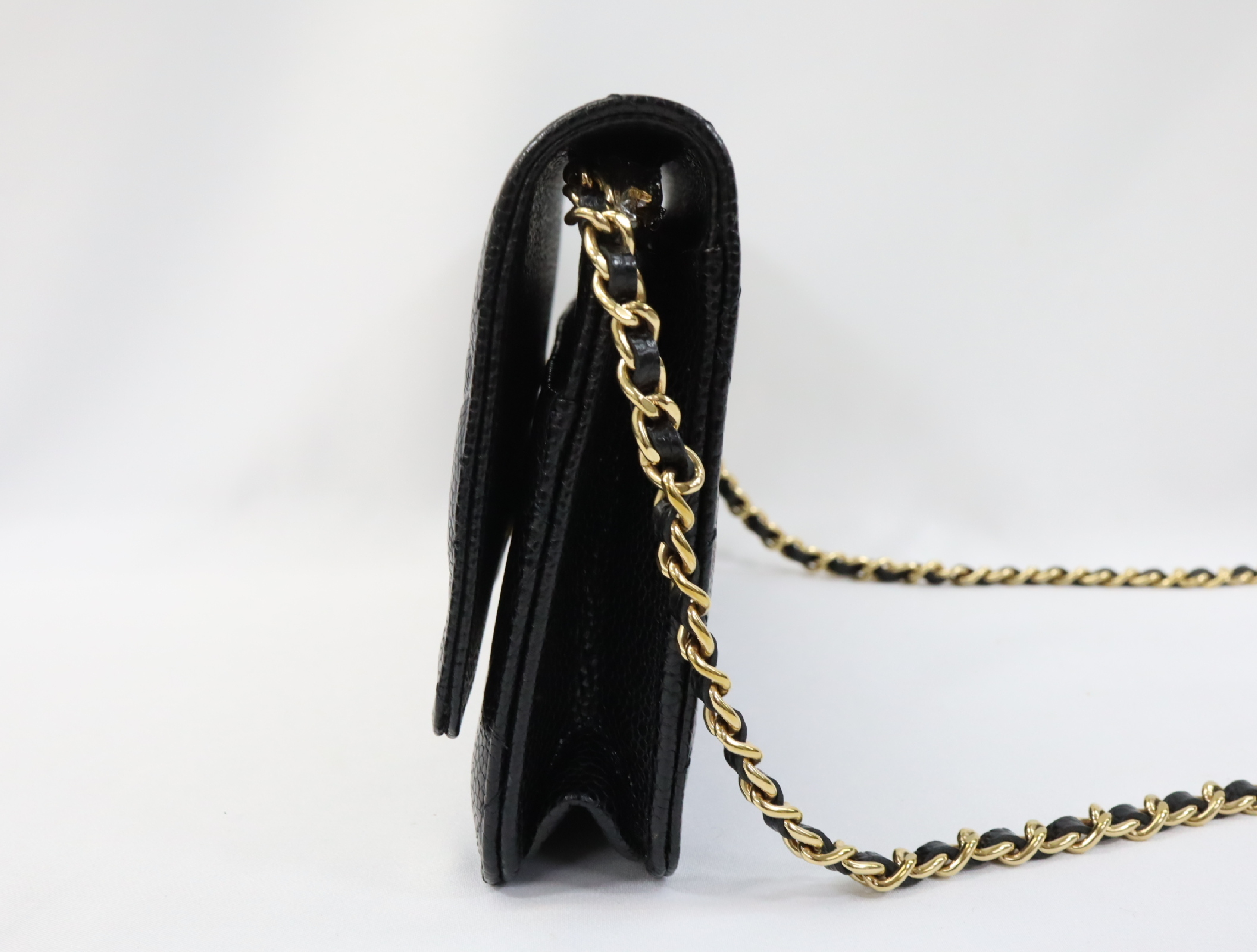 Matelassé Caviar Skin Chain Wallet, Black with Gold Hardware, Random Plate Design, AP0250 Shoulder Bag — view 3