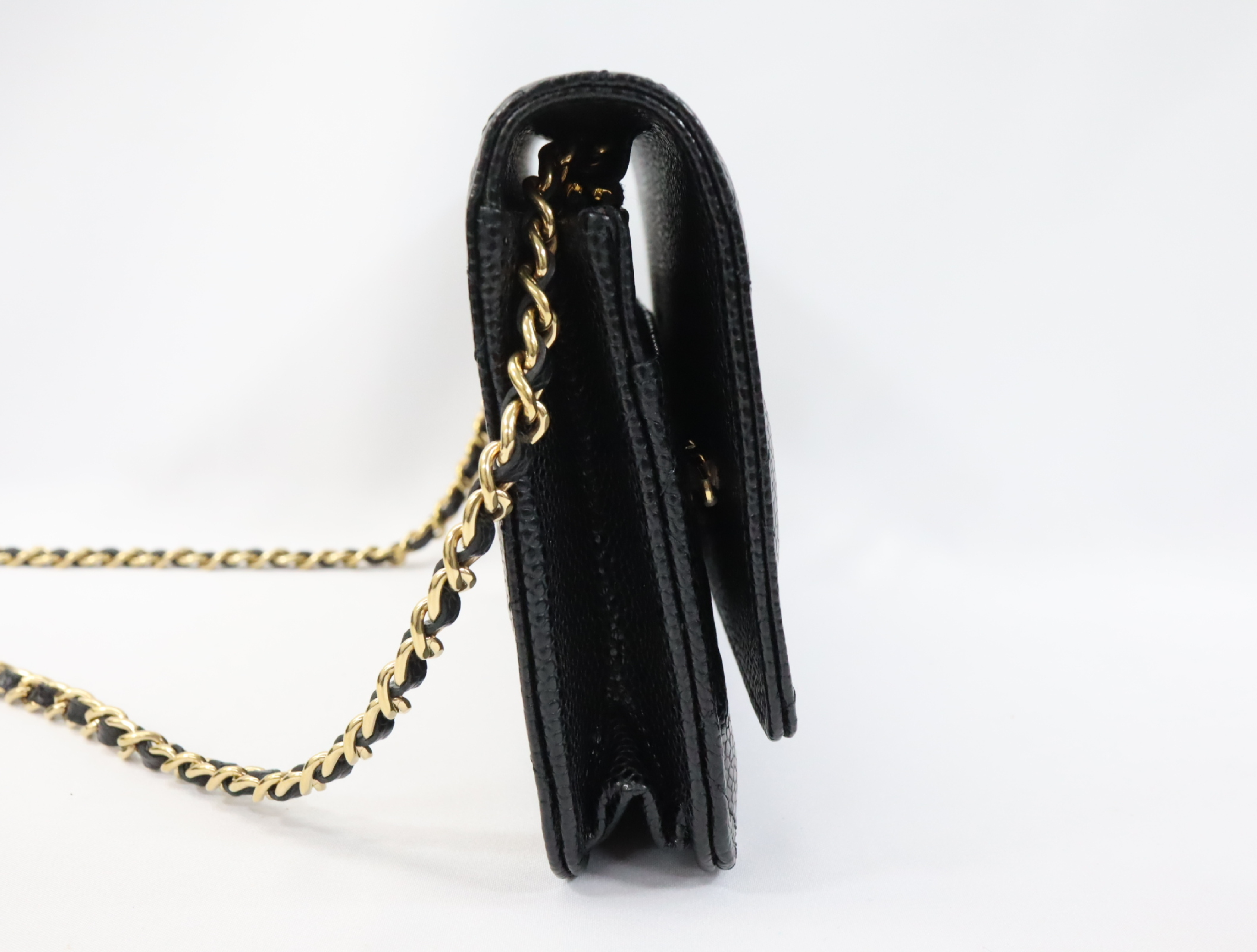 Matelassé Caviar Skin Chain Wallet, Black with Gold Hardware, Random Plate Design, AP0250 Shoulder Bag — view 4