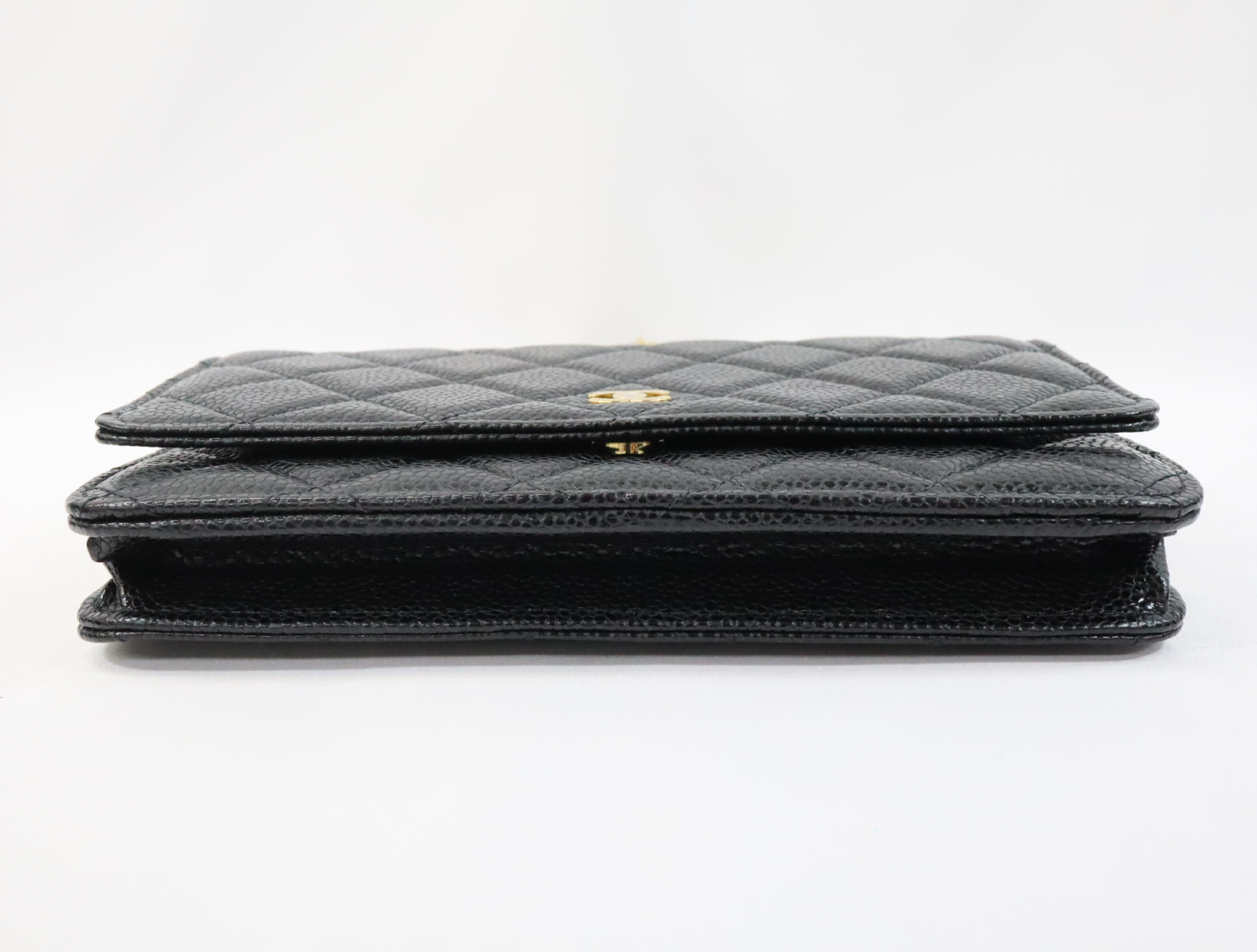 Matelassé Caviar Skin Chain Wallet, Black with Gold Hardware, Random Plate Design, AP0250 Shoulder Bag — view 5