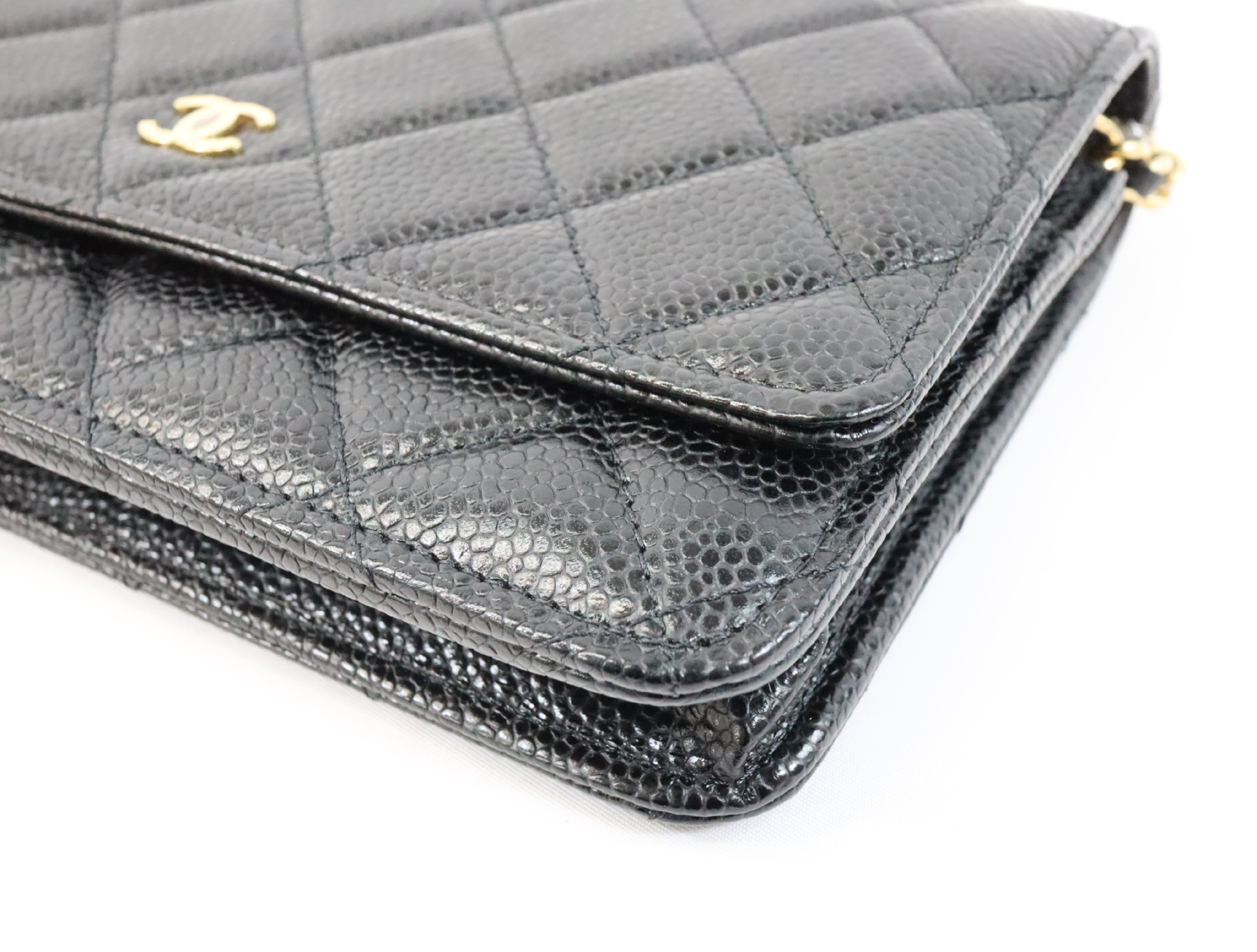 Matelassé Caviar Skin Chain Wallet, Black with Gold Hardware, Random Plate Design, AP0250 Shoulder Bag — view 6