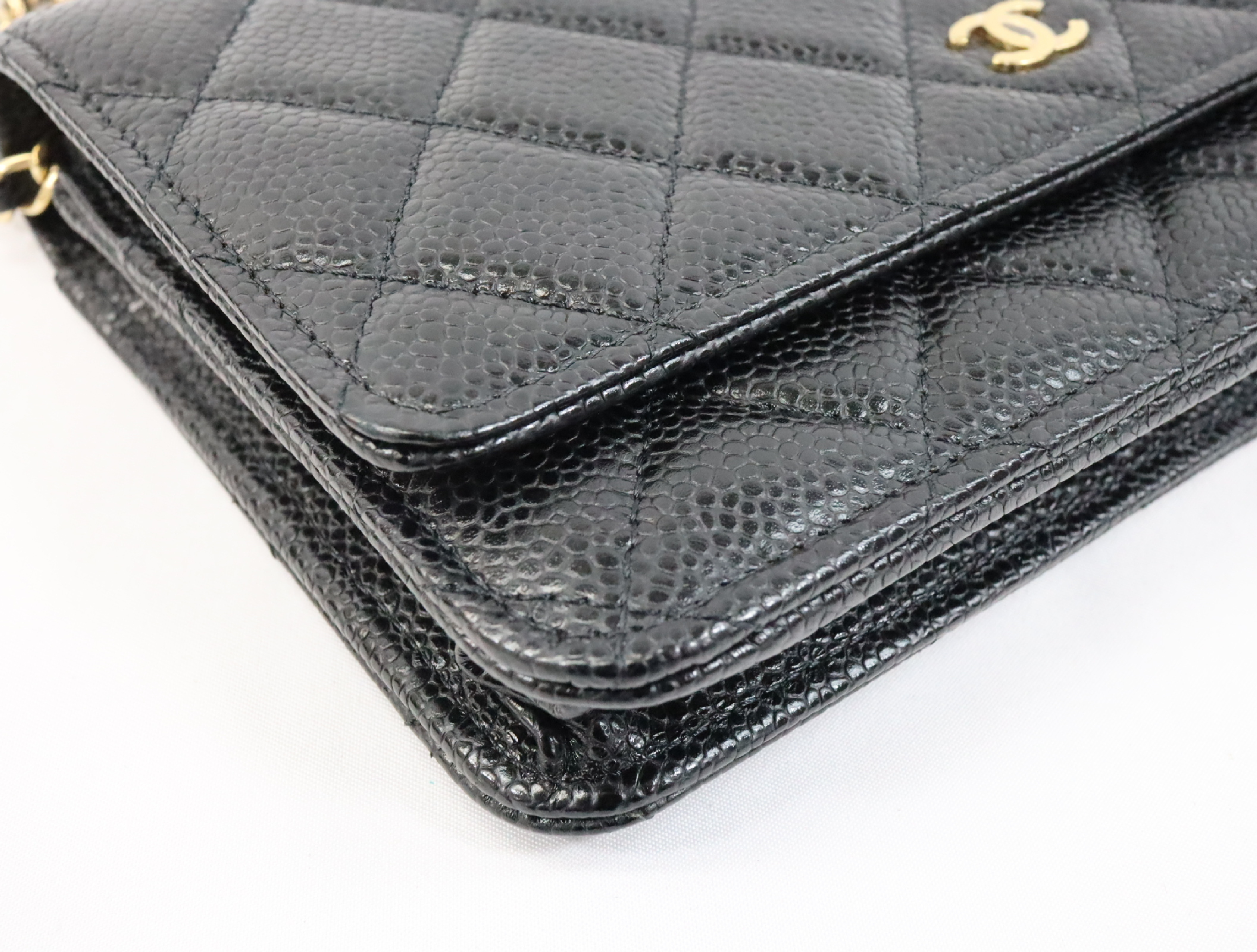 Matelassé Caviar Skin Chain Wallet, Black with Gold Hardware, Random Plate Design, AP0250 Shoulder Bag — view 7